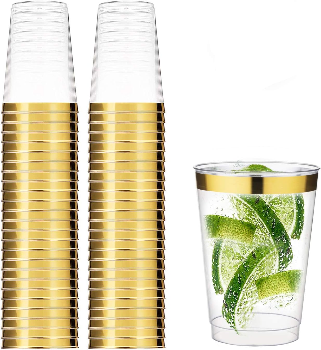TOROTON 50 Transparent Cups with Gold Rim, 12oz Recyclable Clear Drinking Tumblers, for Wedding Party Birthday Dinner Occasions