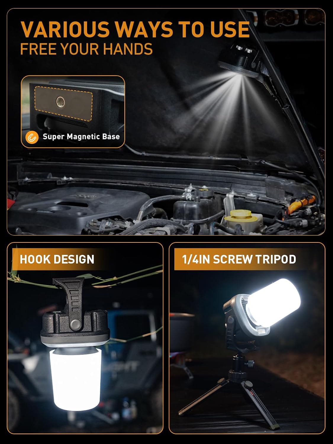 NOVSIGHT LED Rechargeable Work Lights, 1500LM Portable Light with Magnetic Base and Hanging Hook,180° Rotating 6 Modes Flashlight, Job Site Lighting for Car Repair, Emergency, Camping