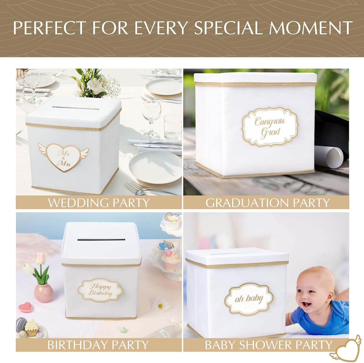 WERNNSAI Card Box for Wedding - 10 x 10 inch Oxford Cloth Large Box Slot with Cards Stickers for Wedding, Party, Birthday, Graduations,Baby Shower, Raffle (White)