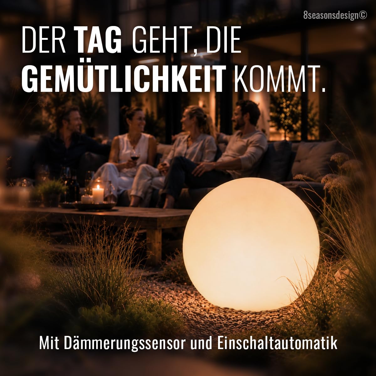 8 seasons design Solar Kugelleuchte 30 cm Shining Globe (weiß) LED warmweiß, Dämmerungssensor – wetterfest – Solarlampe für außen (Garten, Terrasse, Balkon)