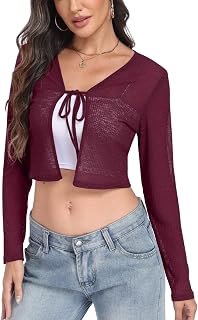 PrinStory Bolero Damen Krawatte Front Shrug Lange Ärmel Sommer Strickjacke Leicht Lässig Kurz Schal Top