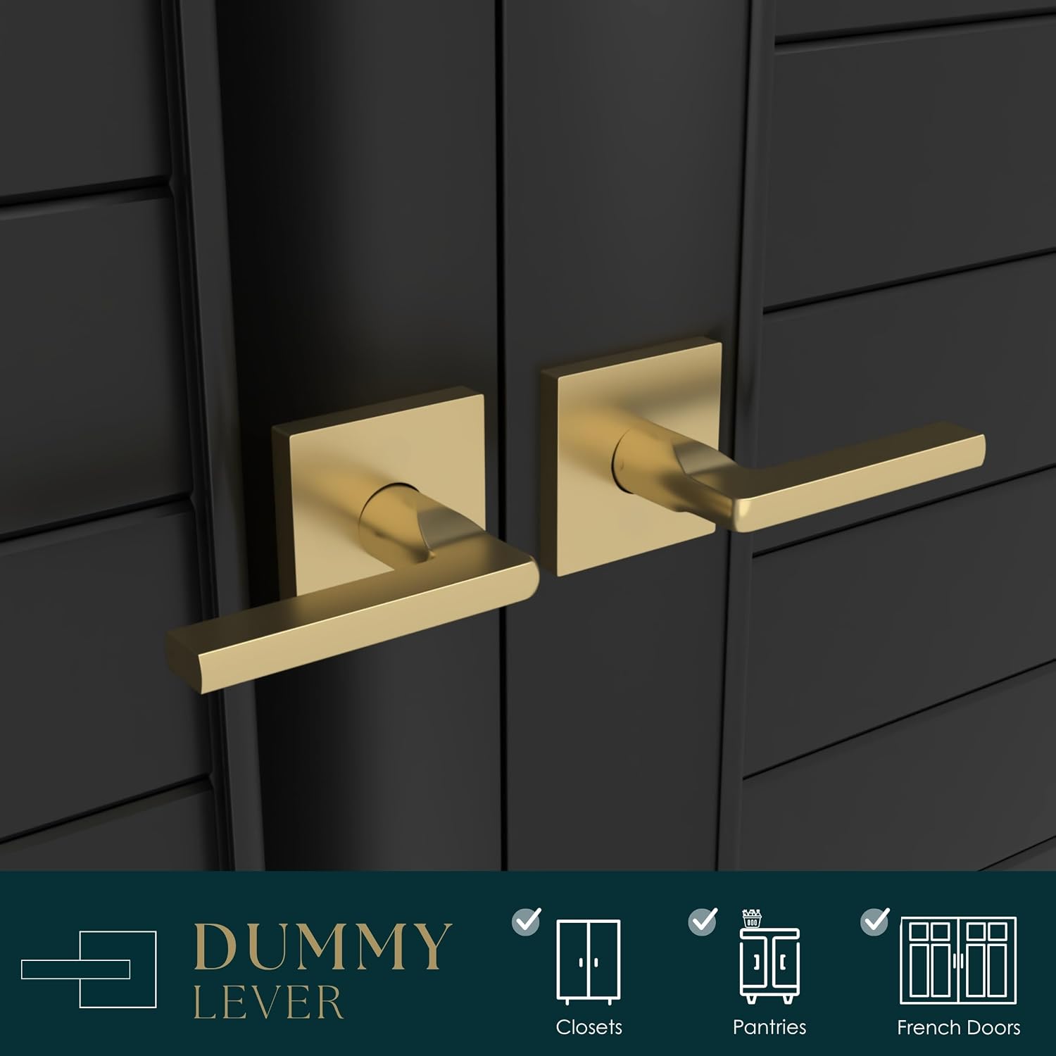 Prime Dummy Lever, Door Handle for Closet or French Doors, Single Side Door Levers, Non-Turning, Fits All Standard Door Sizes, Covered Screws Included - Satin Brass (2 Pack) 5"
