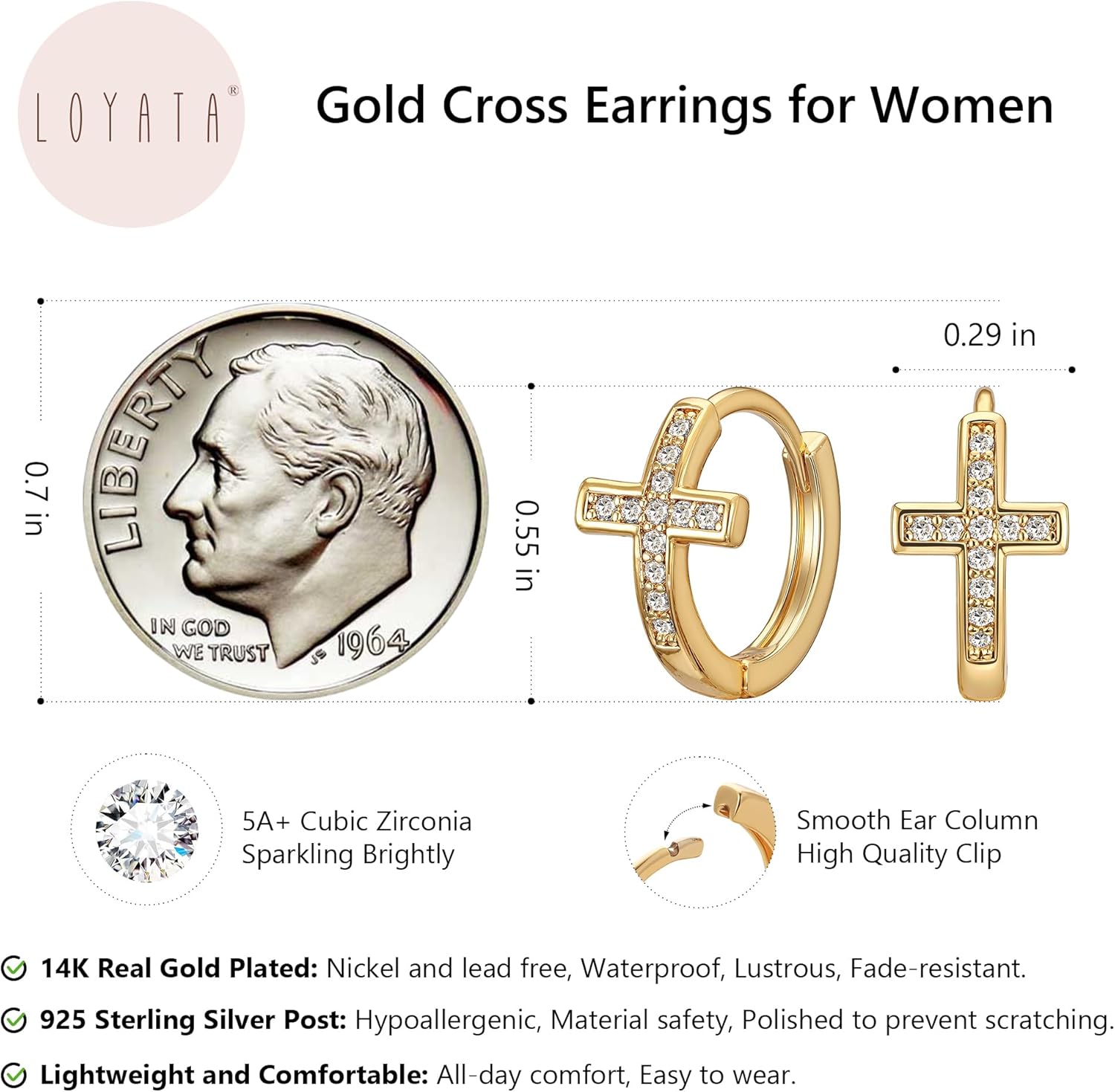 LOYATA Gold Cross Earrings for Women-14K Gold Plated Small Hoop Huggie Earrings Dainty Trendy CZ Cross Hoop Earring Cute Hypoallergenic Hoops Jewelry Valentine Gifts for Women - Image 3