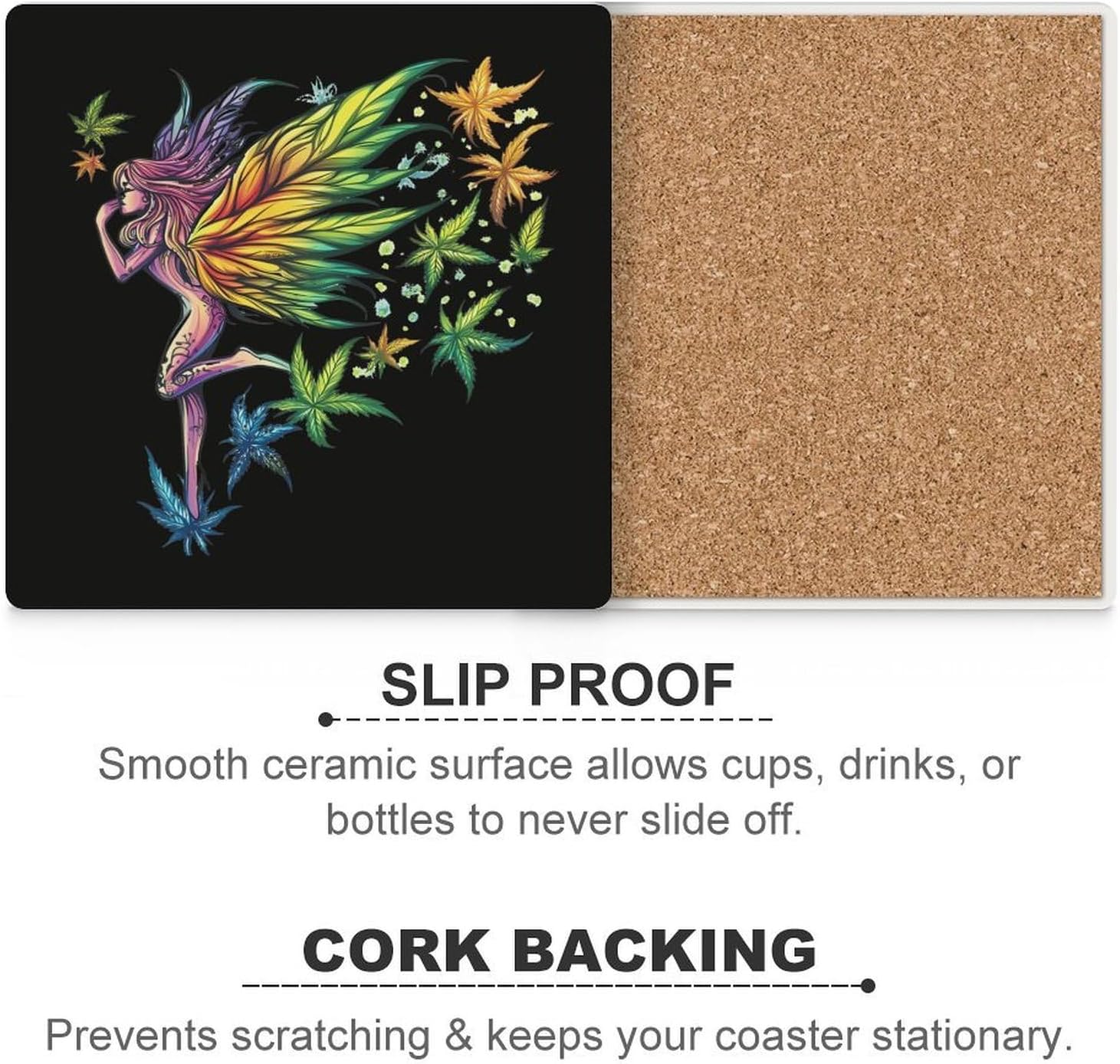Weed Fairy Leaf Coasters for Drinks Square Table Coasters Set Cup Mats with Cork Base