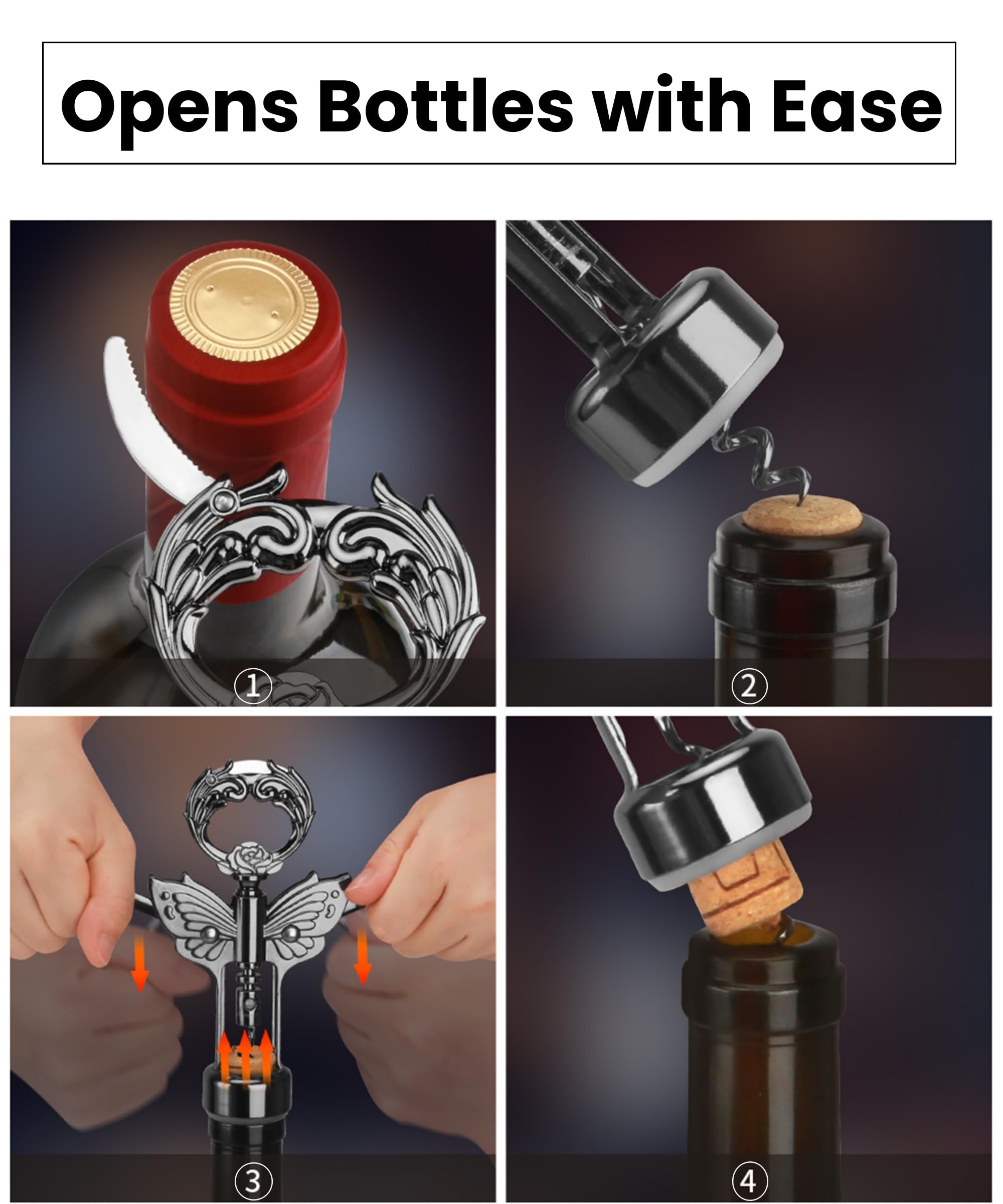 Abridor de vino, 3 en 1, sacacorchos de ala de alta calidad, abridor de botellas de vino con abrebotellas multifuncional y cortador de lámina dentada para vino y cerveza (negro) 5