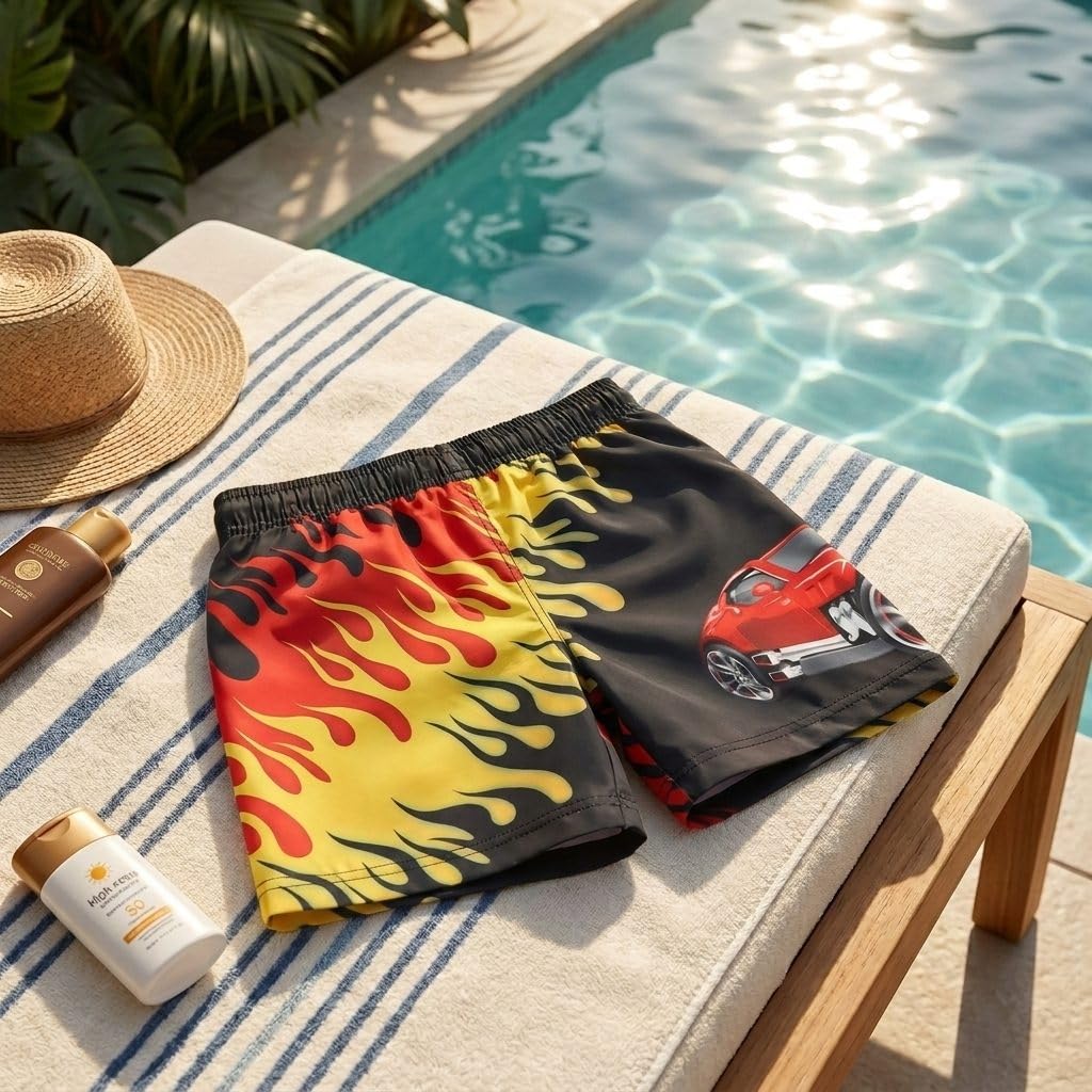 Hot Wheels Bermuda Badehose für Kinder – Strand- und Pooltaugliche, schnelltrocknende und chlorbeständige Badehose mit verstellbarem Kordelzug und Taschen