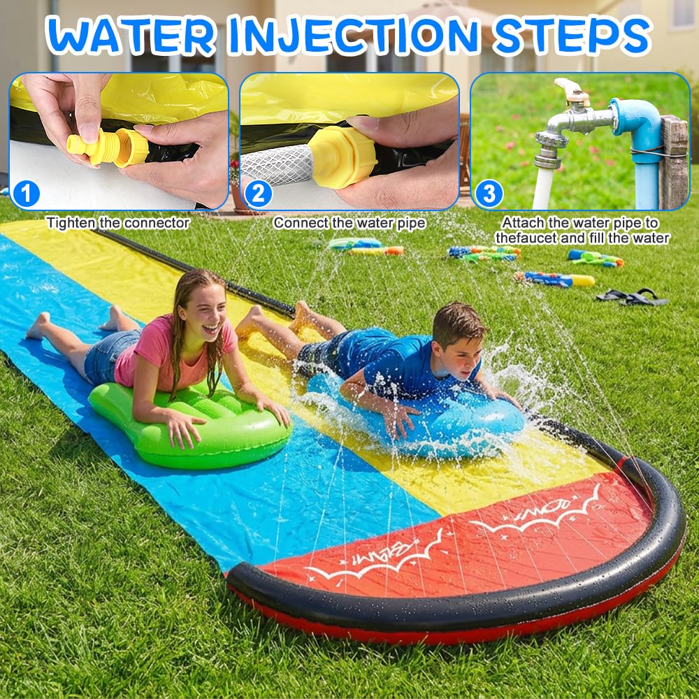 Double Wasserrutsches mit 2 Bodyboards, 19.6ft/600cm Wasserrutsche Garten für Kinder, Wasserrutsche mit Sprinkler Sommer & Splash-Pool, Wasserspielzeug Kinder Outdoor, Gartenspielzeug