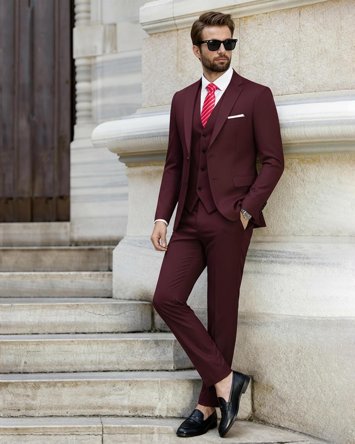 EastSide Men's 3 Pieces , Slim Fit 2 Buttons Tux, Vest &Pants Set Coat Suit, Burgundy, Medium