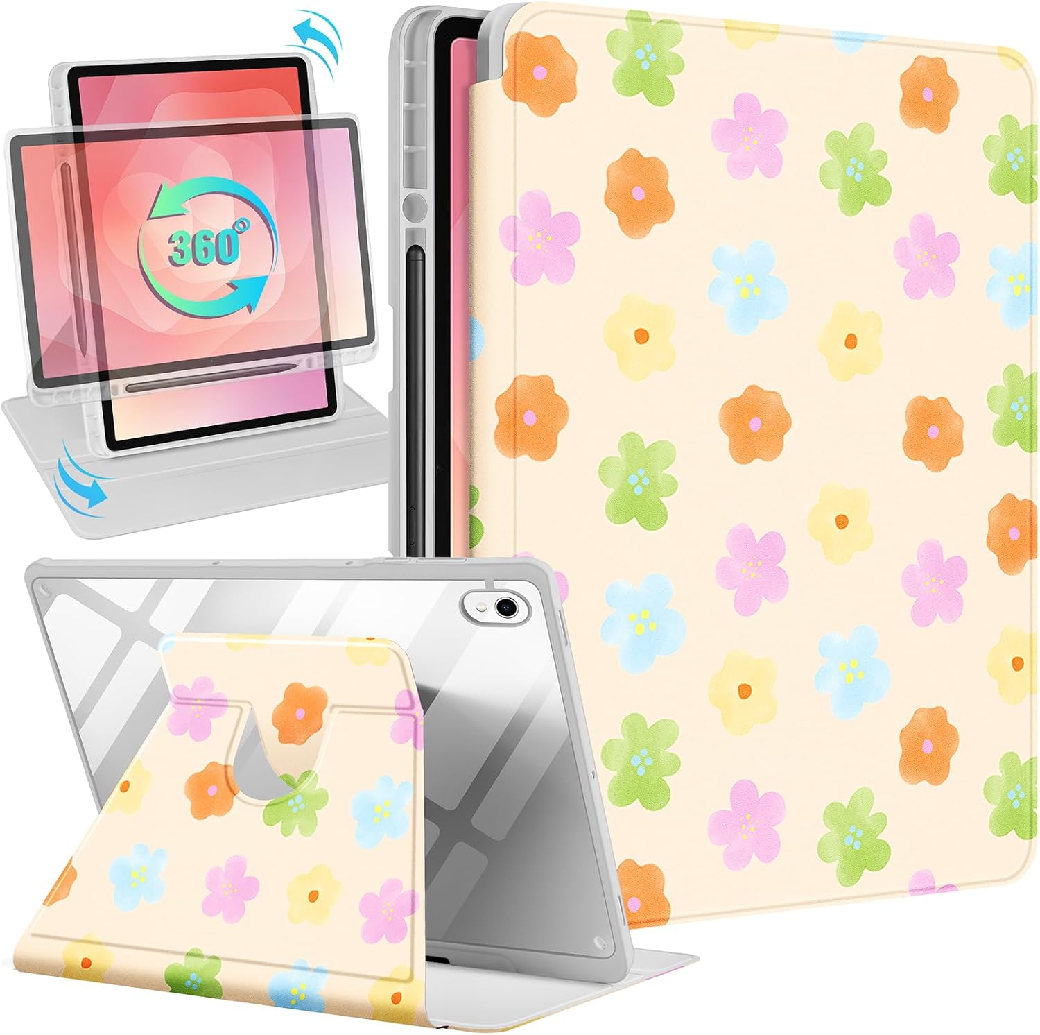 Uppuppy for Samsung Galaxy Tab S11 Case - 360 Degree Rotating Stand Folio Smart Cover with Pencil Holder for Women Girls, Colorful Flowers for Samsung Tablet S11 Case 11 inch, SM-X730/X736/X736B