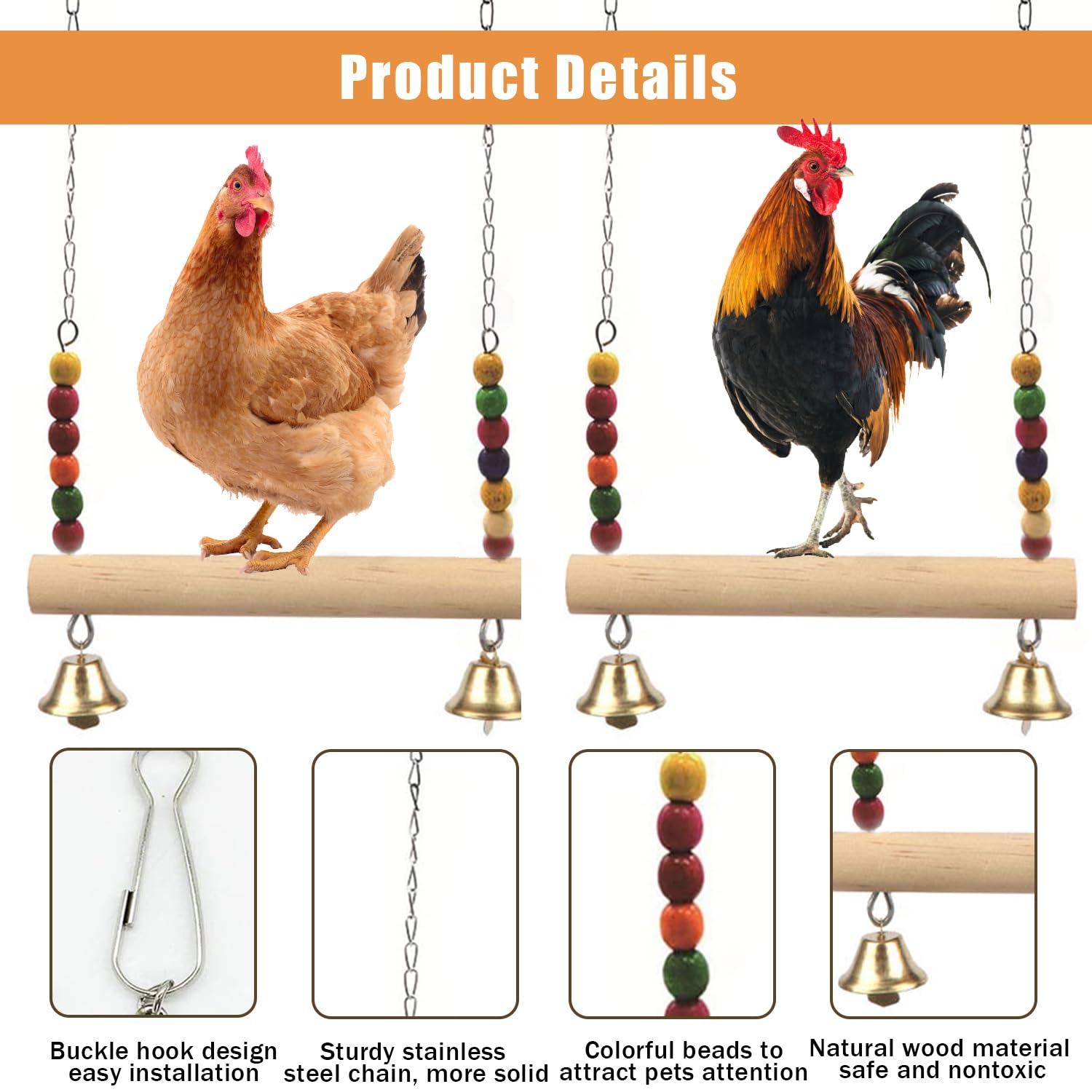 2 columpios de madera para pollo, juguete de perca para pájaros de pollo, soporte de madera natural para pollo, columpio hecho a mano para entrenamiento, accesorios de gallinero para pollo, loro