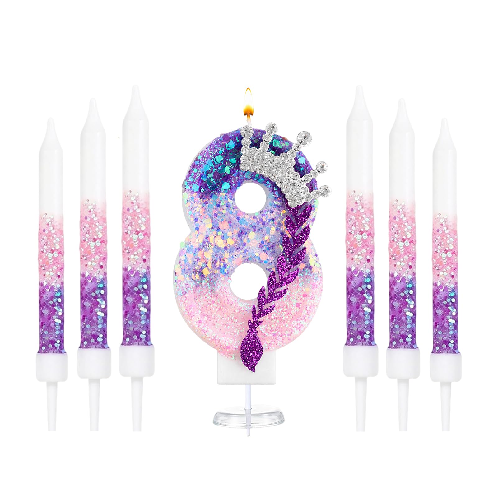 K Pop Number Birthday Candles, Glitter Crown Birthday Candle with 6 Pcs Long Candles, Stylish Kpop Music Themed Cake Topper for Girls Birthday Party Supplies (8 Candle,K Pop)