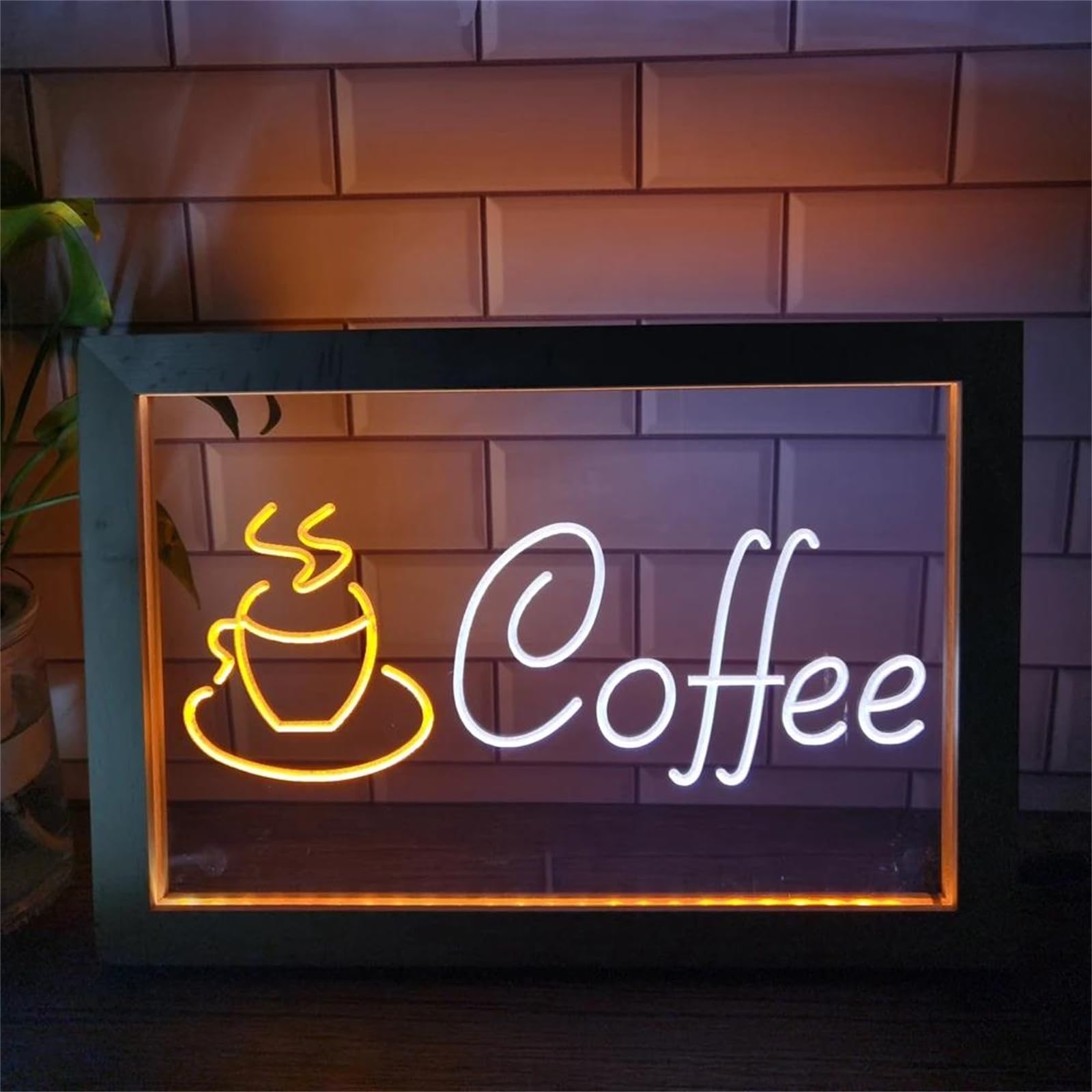 Insegne al neon a LED con tazza di caffè, luci al neon personalizzate alimentate tramite USB con cornice per foto in legno, per la decorazione dell'oscuramento della caffetteria,White orange,32x22cm