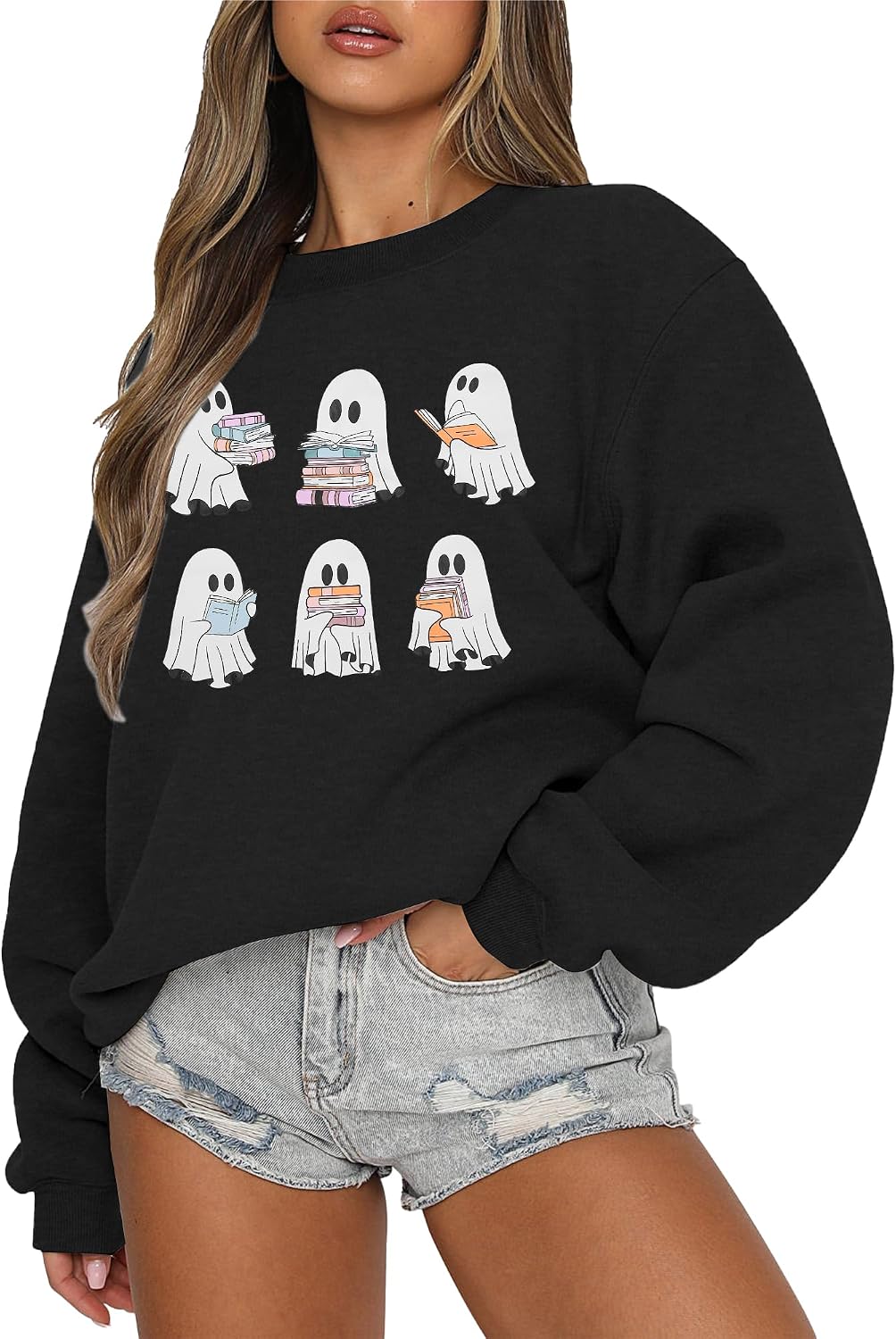 UNIQUEONE Halloween Sweatshirts for Women Ghost Reading Books Sweater Cute Spooky Bookish Shirt Fall Pullover Tops