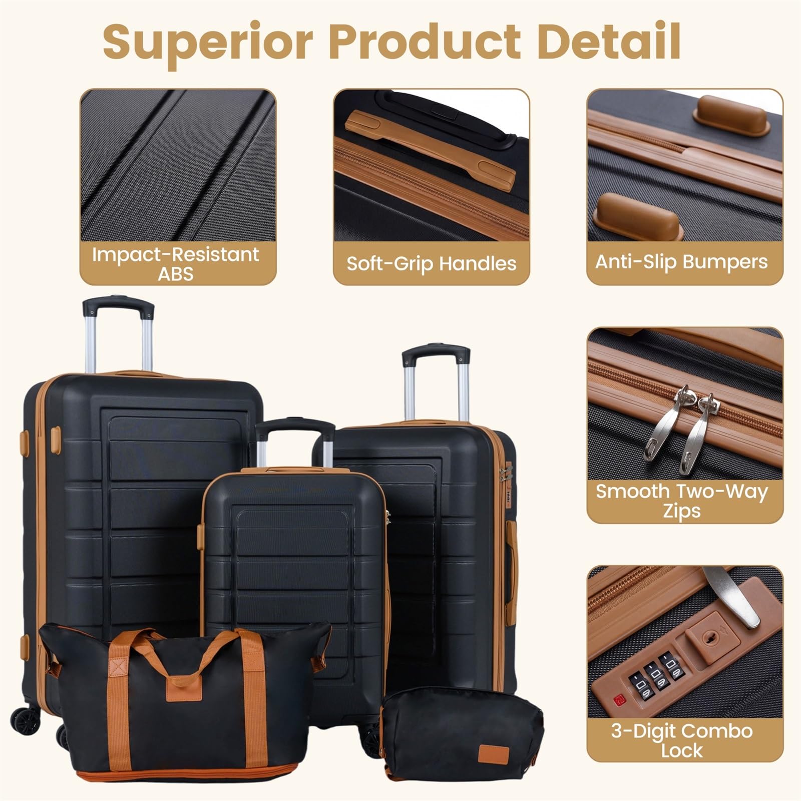 LIFEZEAL Set di Valigie da 5 Pezzi, Set Trolley da Cabina con 3 Valigie Rigide in ABS (28”/24”/20”), 1 Borsa da Viaggio e 1 Borsetta, Lucchetto a Codice, Ruote Girevoli e Manico Telescopico (Nero)