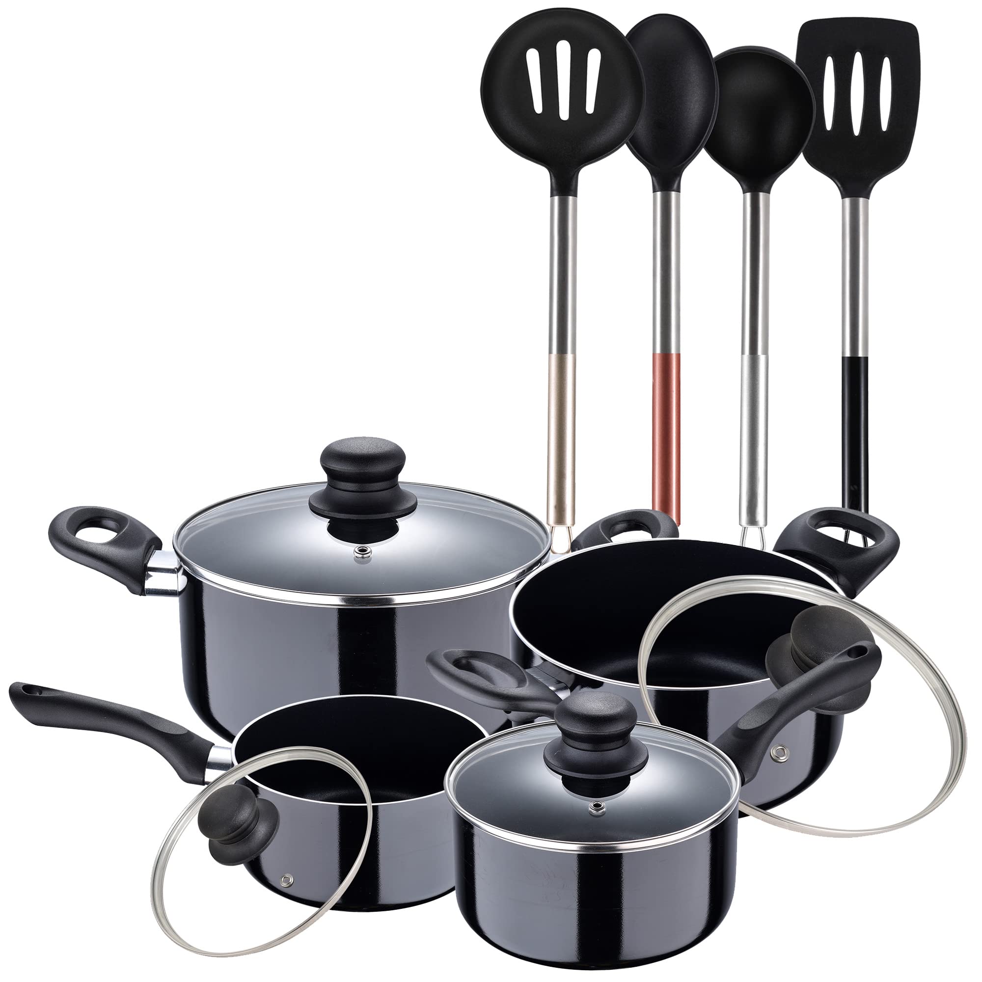 Set di pentole in alluminio pressofuso + set di 4 pezzi di utensili da cucina