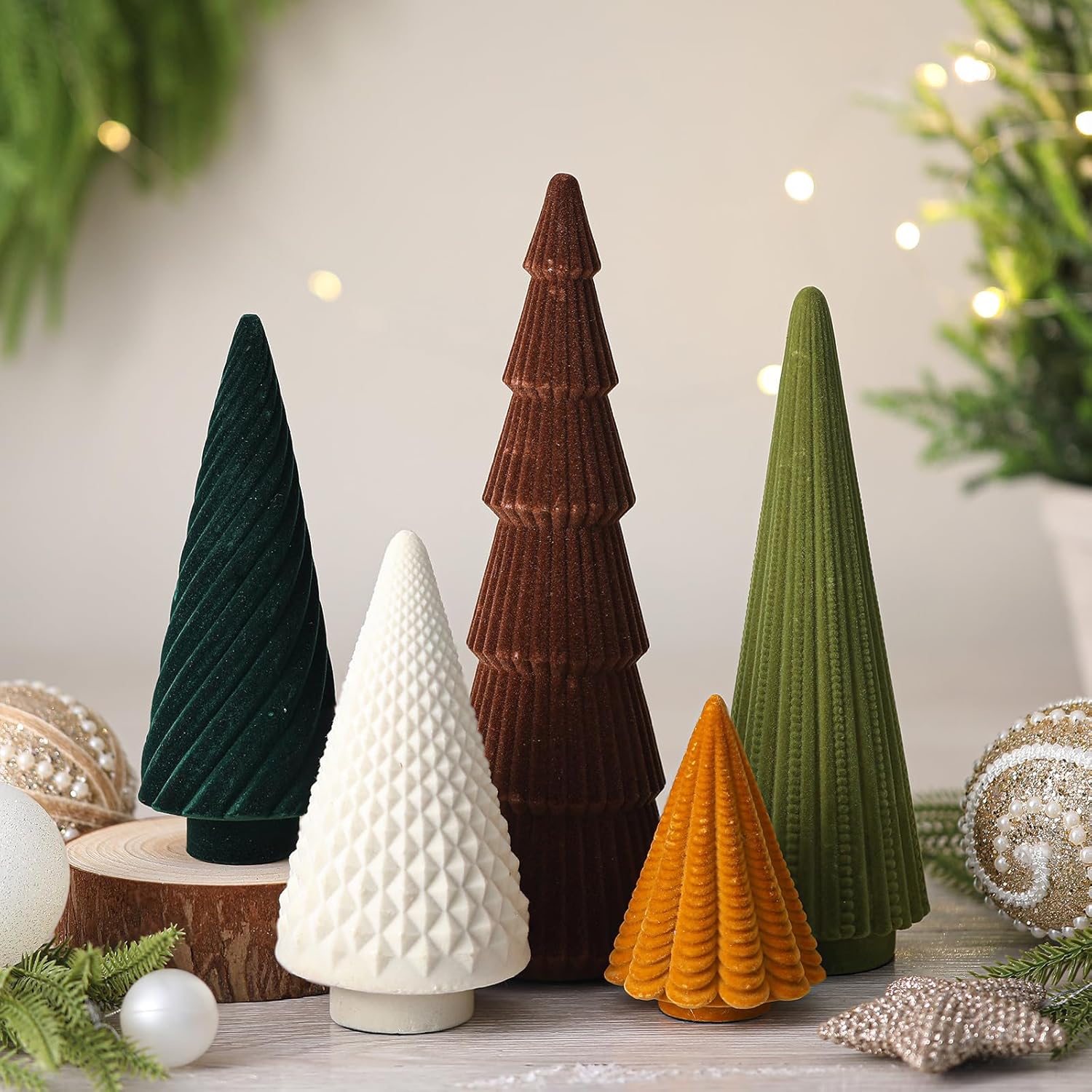 Weysat 5 Pcs Neutral Velvet Christmas Tree Decorations Modern Christmas Cone Trees Decoration Minimalist Flocked Tabletop Centerpieces for Holiday Entryway Table Mantel Xmas Party