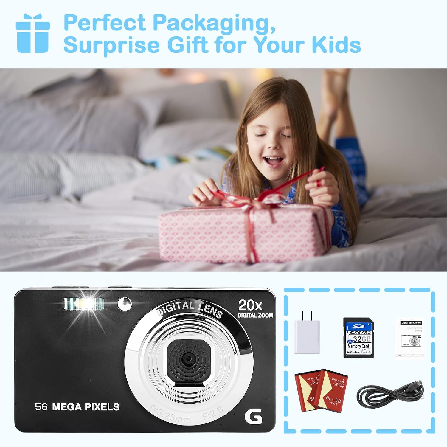 digital camera 1080p 56mp with 32gb sd card childrens camera 2 7 lcd display vlogging autofocus time lapse compact portable mini cameras for kids te