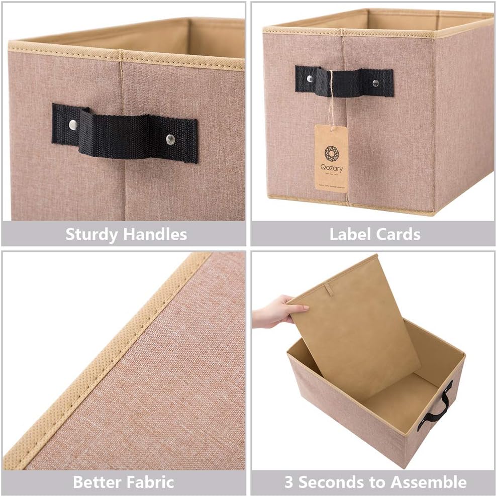 Qozary 3 Pack Storage Baskets for Shelves, No Smell Storage Bins for Closet Shelves, Fabric Cube Boxes with Handles for Organizing Home Closet, Office, Toys (Brown, Large)