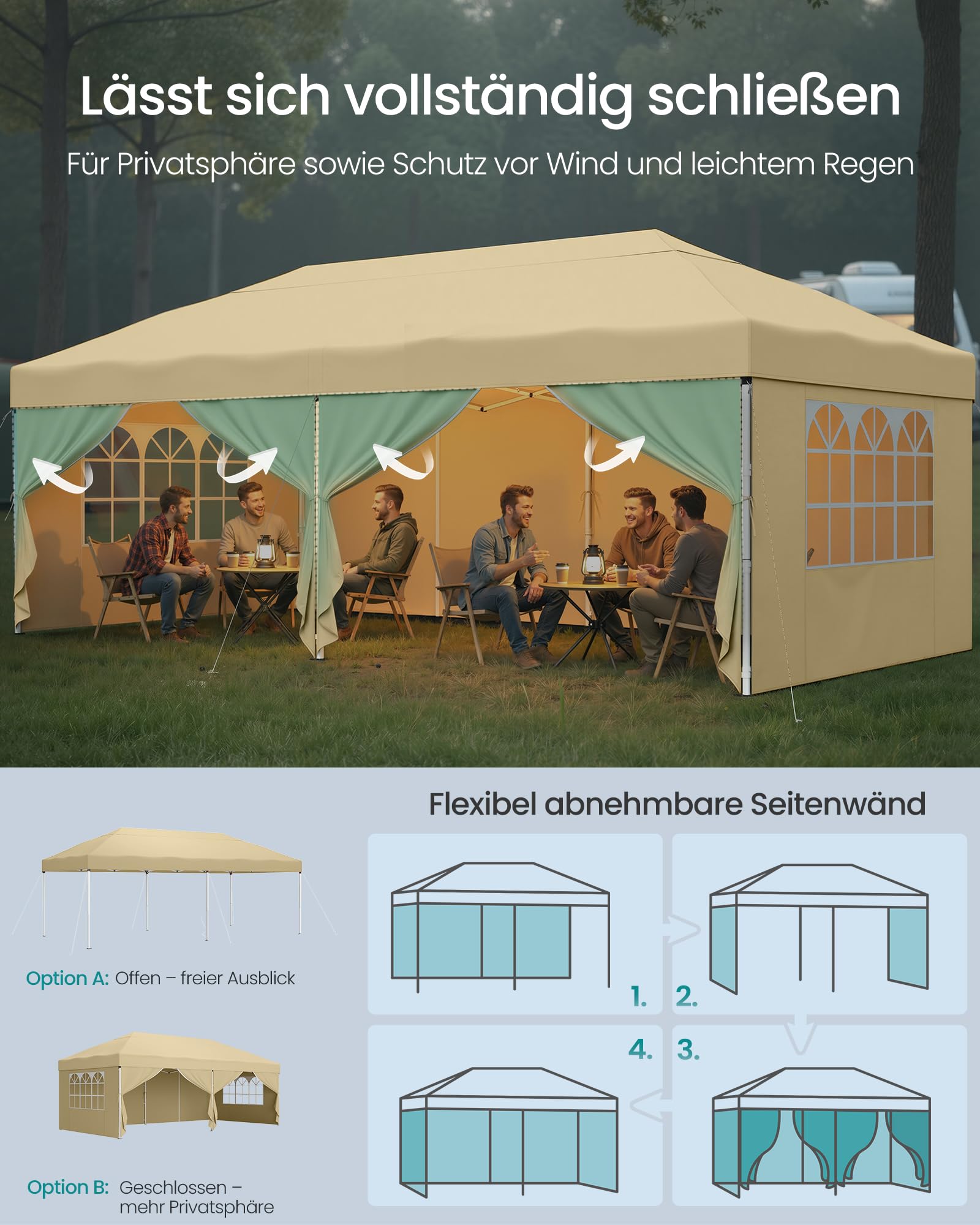SONGMICS Pavillon, 3 x 6 m mit Seitenwänden, Faltpavillon, Gartenpavillon, Partyzelt, Sonnenschutz, Leichter Regenschutz, tragbar, für Hof, Garten, Markt, Party, beige GCT204LZ01