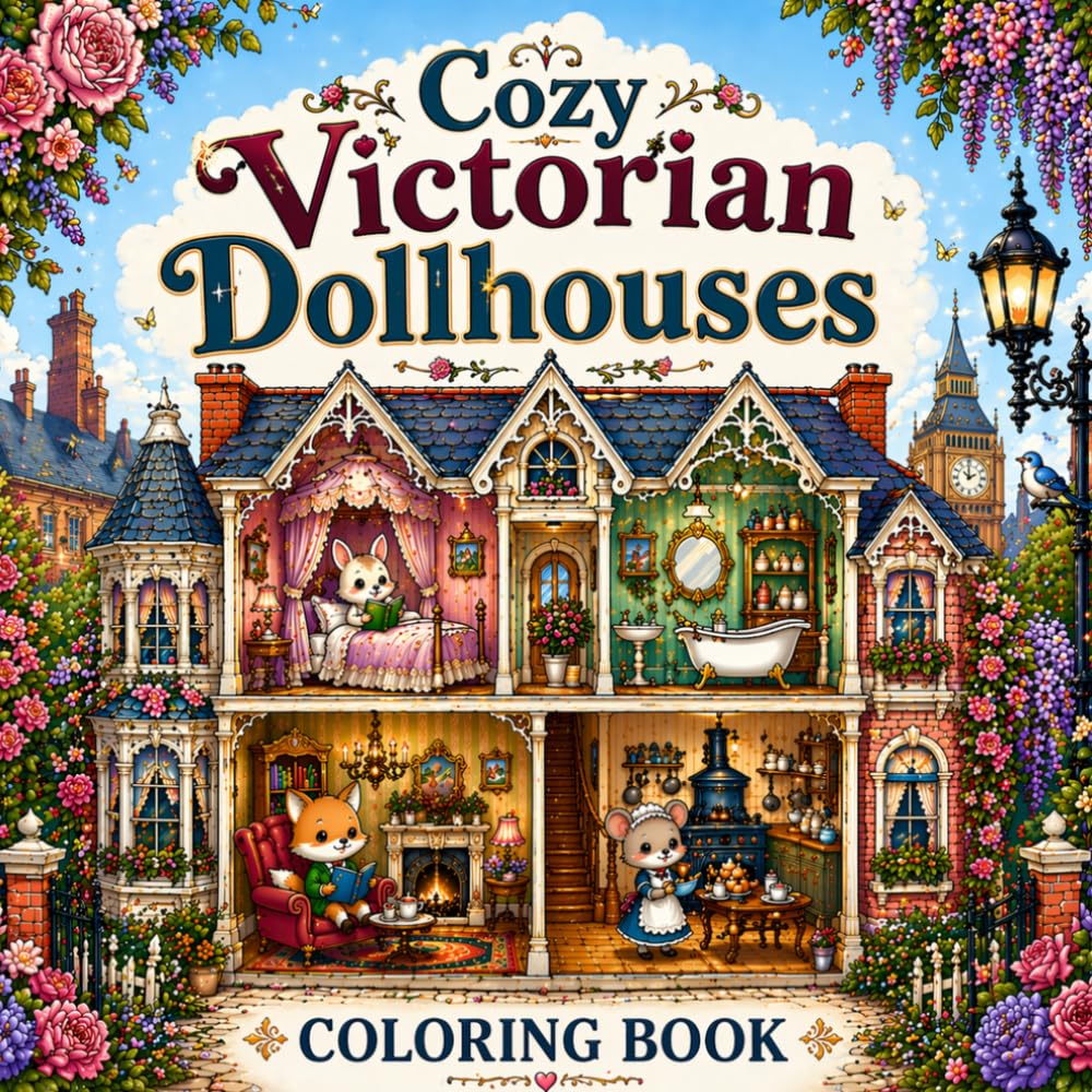 Cozy Victorian Dollhouses Coloring Book: Cute Miniature Homes, Vintage Rooms, Tiny House Interiors, Aesthetic Relaxing Coloring Pages for Adults and Teens