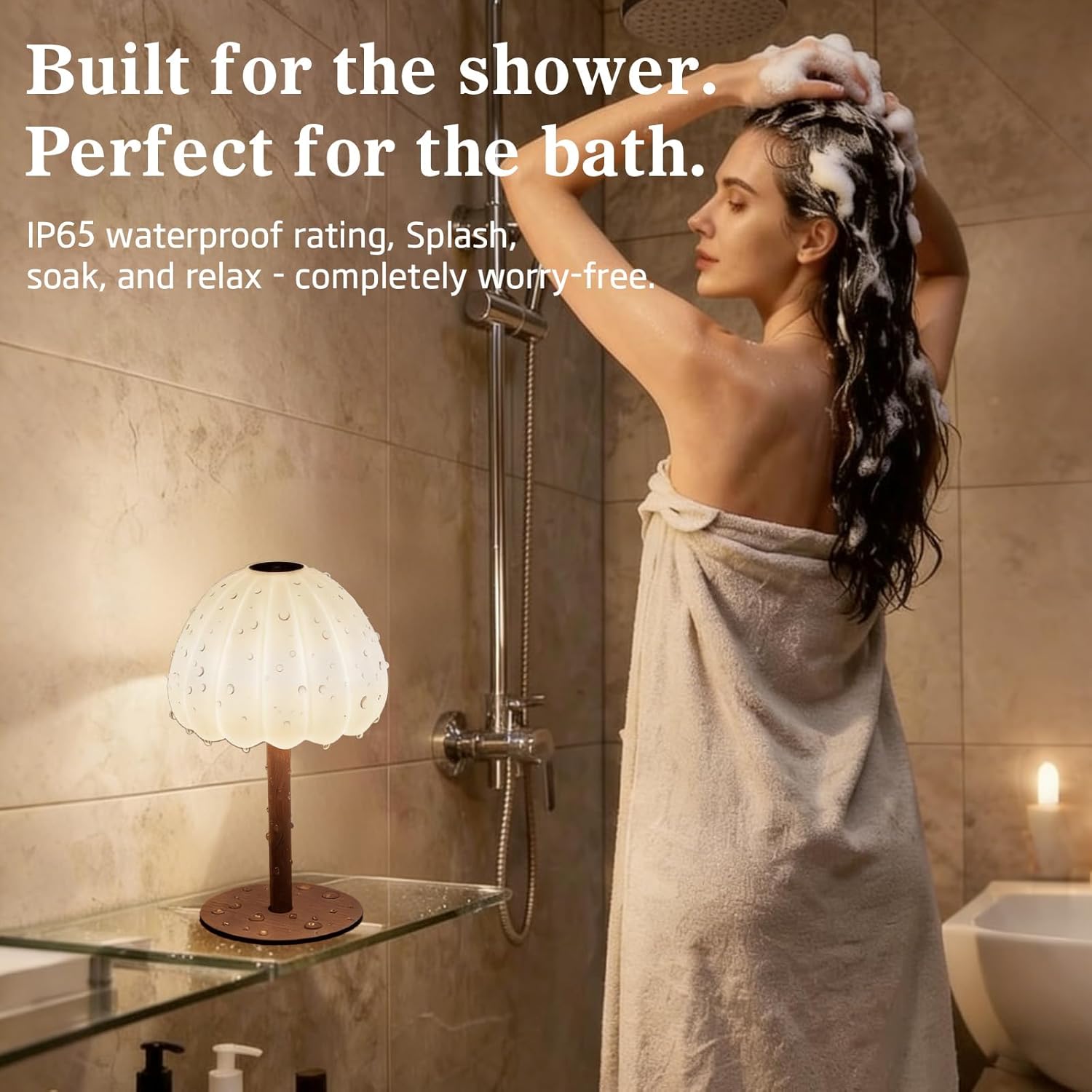 Cordless Waterproof Shower Lamp, IP65 Rechargeable Touch Dimmable Light for Inside Shower, 4500mAh Battery Operated Color Changing Water Proof Table Lamp for Bathroom, Bedroom (Brown)