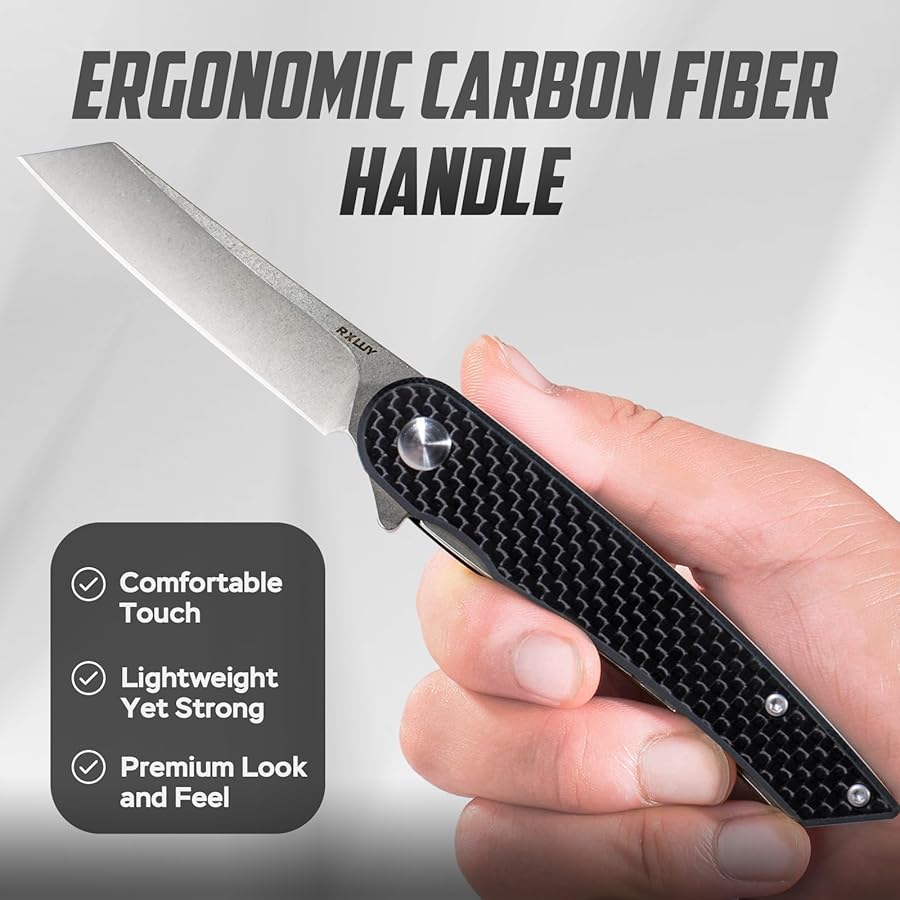 RXLUY Folding Pocket Knife, 2.79” 14C28N Steel Blade Carbon Fibre Handle Flipper Liner Lock Small Praxis EDC Folding Knife, Sharp Camping Outdoor Survival Knives for Men Women (Black) - image 3