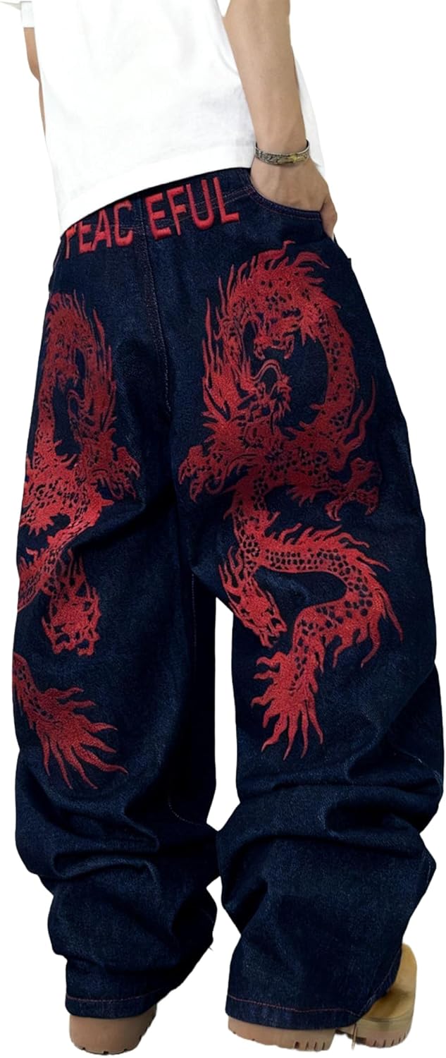 Mens Baggy Jeans Embroidery Pattern Denim Trousers Wide Leg Denim Pant Loose Fit Skater Jeans Streetwear Clothing