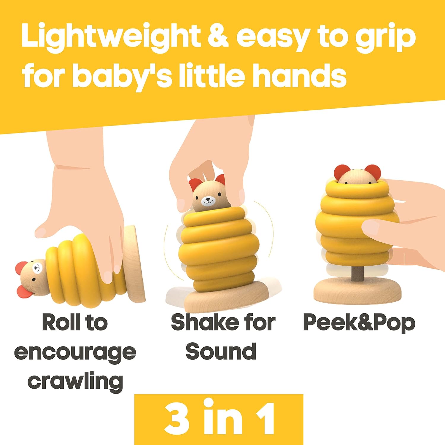 kipod Wooden Rattle – Bear pop up Infant Toys – Natural Safe Materials – Peek A Boo Baby Crawling Toy – Fine Motor Skills, Sound, Movement Stimulation – Smooth Edges - Baby Montessori Toy 0-3 : Toys & Games