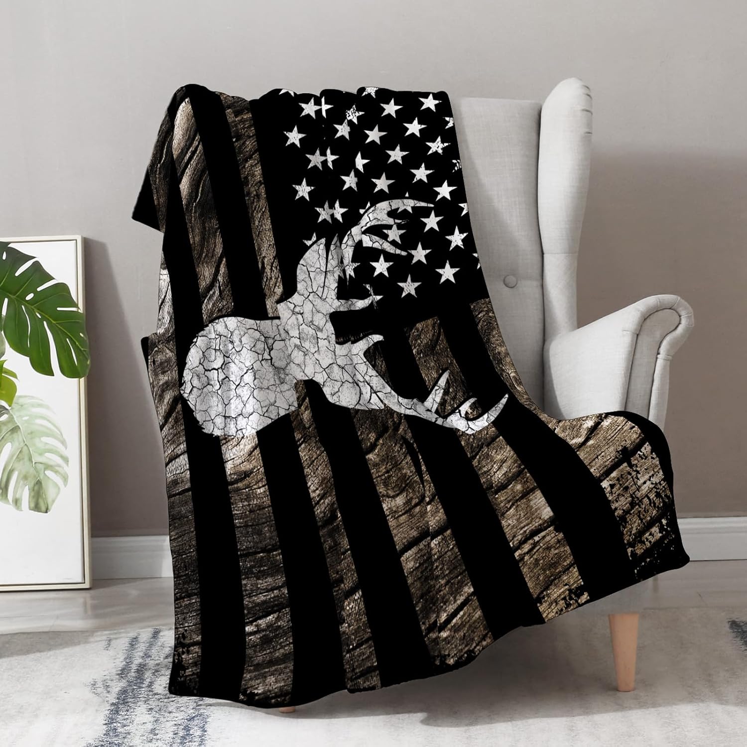 American Flag Deer Blanket Gifts - Hunting Camo Deer USA Western Theme Tree US Outdoor Outside Throw for Kids Men Adults Travel Hiking Camping Decor Soft Christmas Lightweight Blanket 60"x80"
