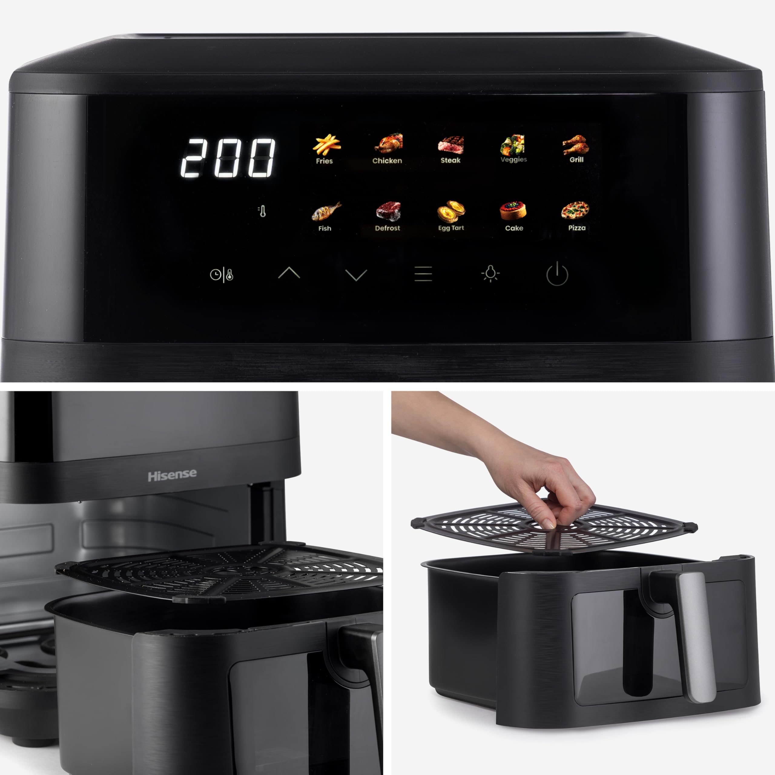 Hisense HAF2100DCD Heißluftfritteuse /2100 W /7,7 L Kapazität /10 voreingestellte Programme/Antihaft-Beschichtung/Energieeffizient/Start Delay Funktion/HxBxT: 40,1 x 31 x 35 cm/Schwarz