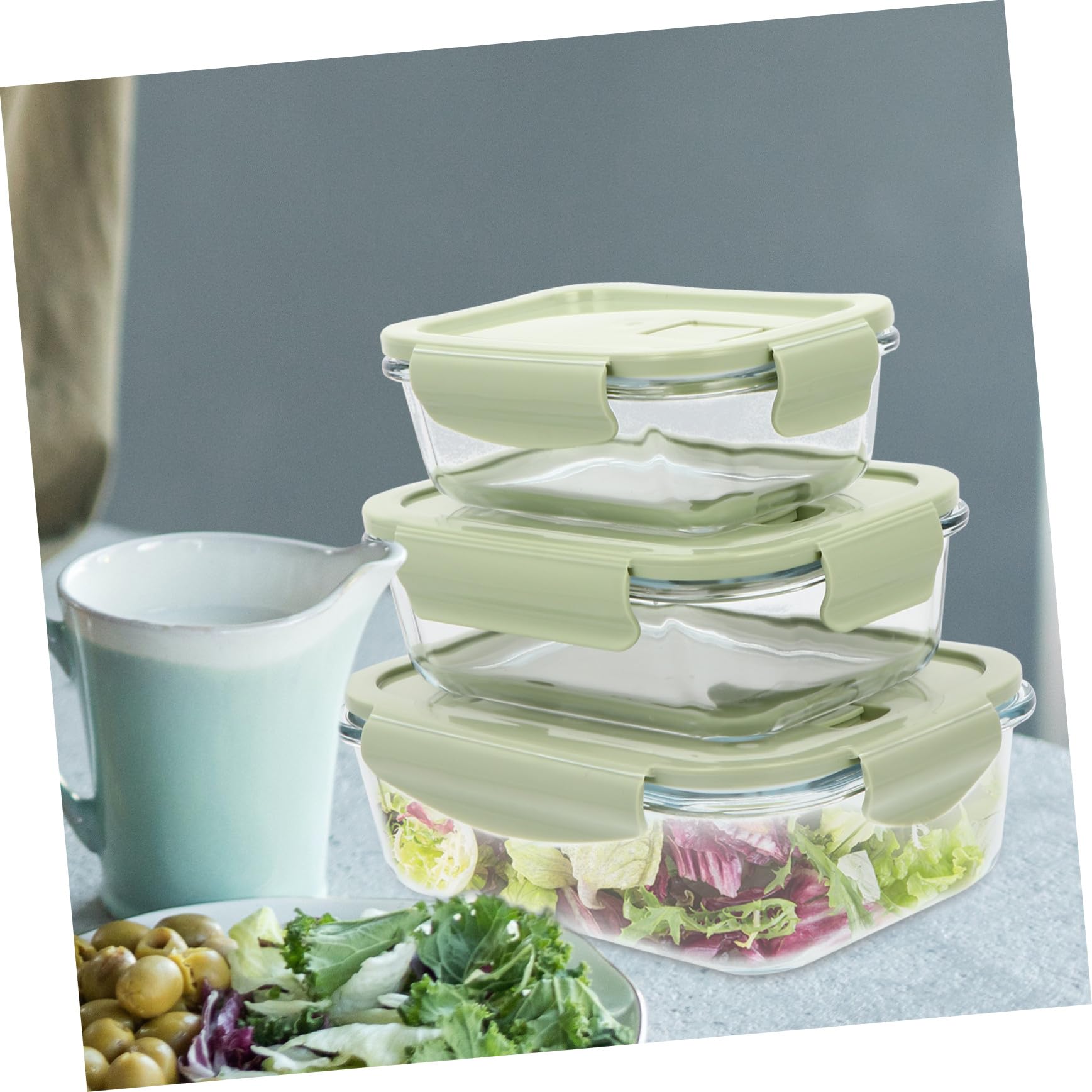 Boîte à Bento Alimentaire en Verre 3 Pièces, Couvercle Pp Vert