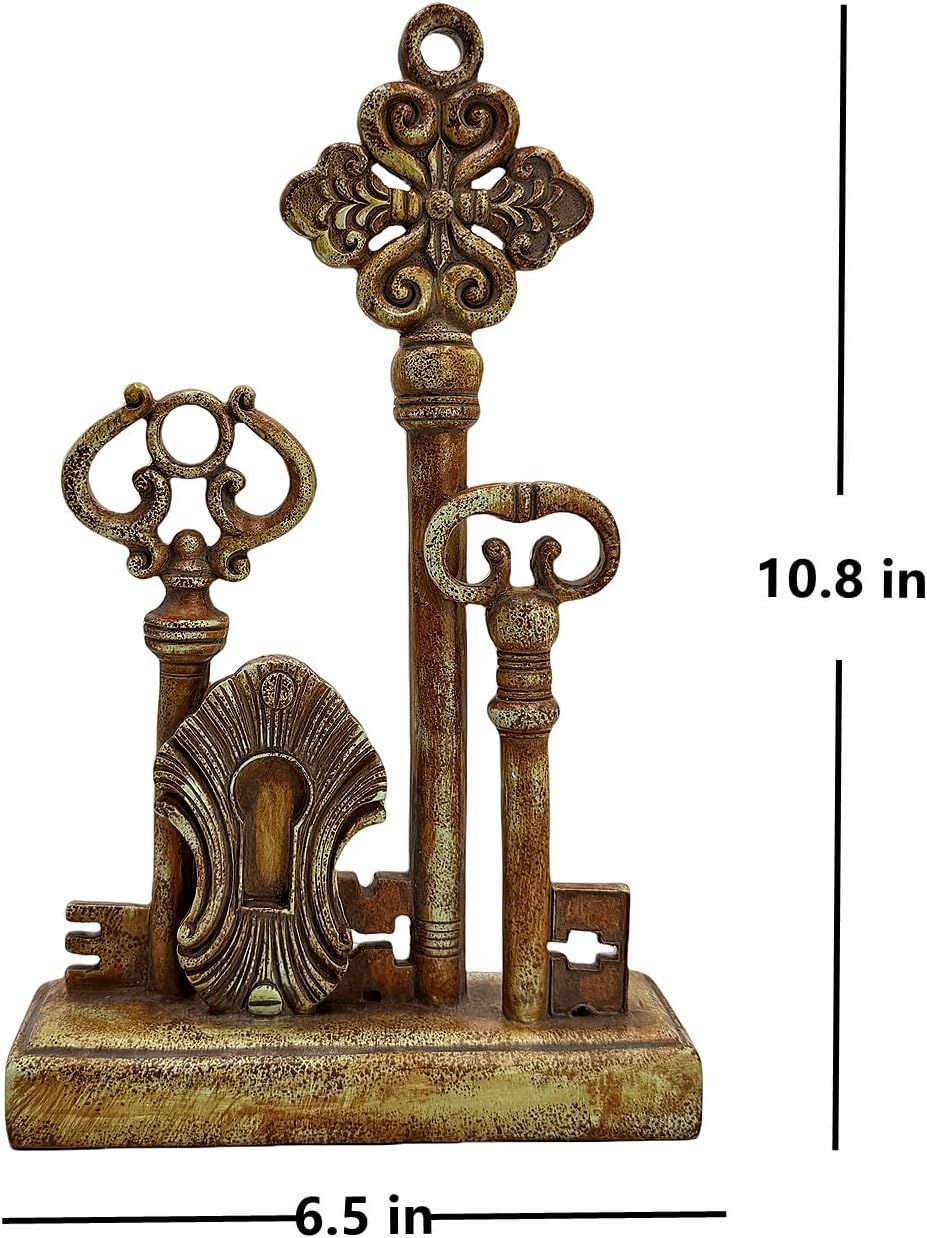 10.8‘’H Vintage Skeleton Key Figurine Resin Antique Skeleton Key Model Decoration Retro European Style Key Ornament, Collectible Key Sculpture for Living Room, Office, Bookshelf & Gift