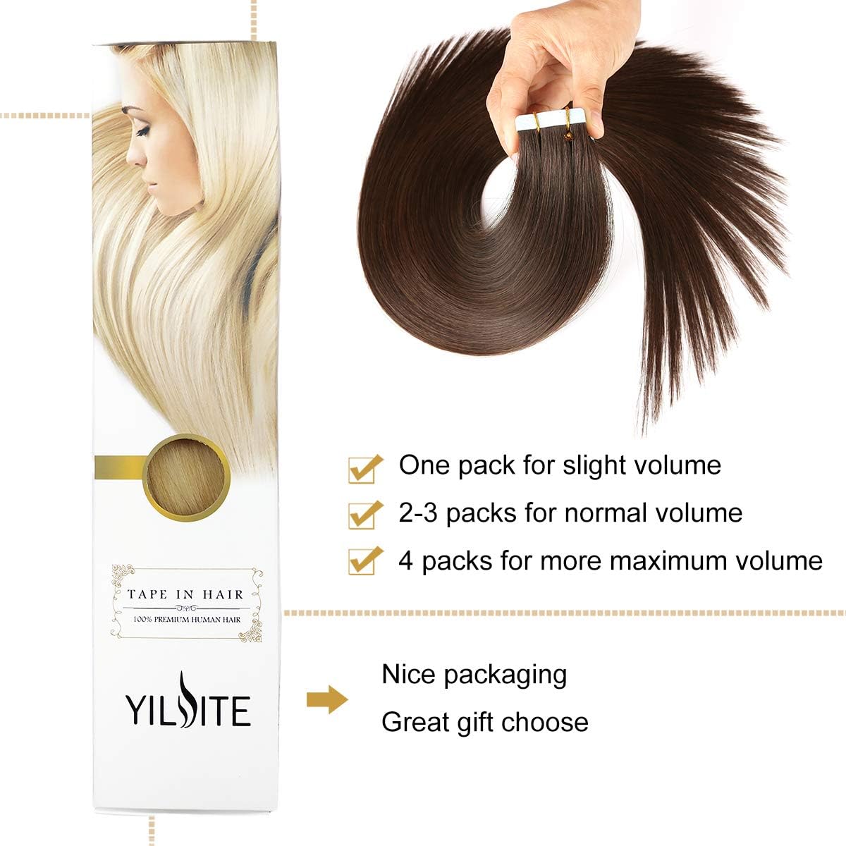 YILITE Tape in Extensions Human Hair Brown Real Hair Extensions Tape in 14 inch Salon Invisible Straight Skin Weft For Women Seamless #2 Darkest Brown 20pcs 40g/pack - Image 5