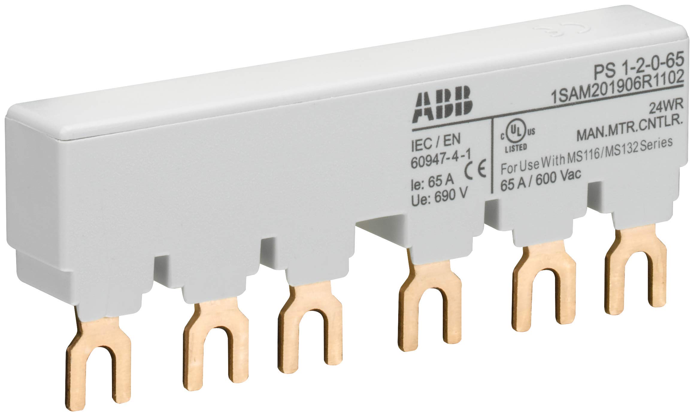 ABB PS1-2-0-65 3 Phase Busbar for 2 MS116 / MS132, Ie=65A (ABB1SAM201906R1102), White