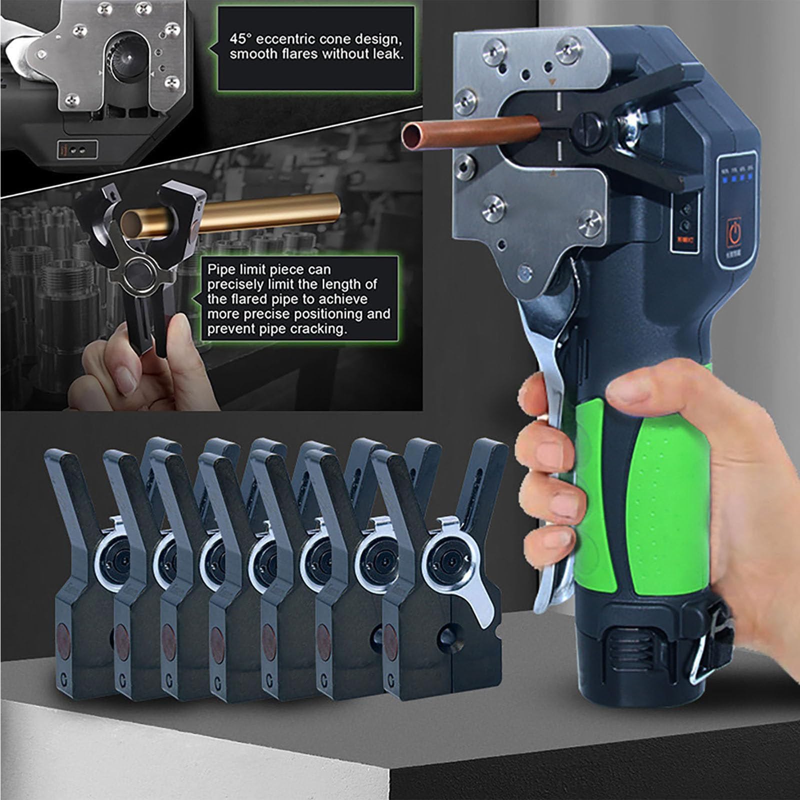 Kit di strumenti elettrici per svasatura, set di espansori a cono eccentrico a 45° con luce LED, 5 morsetti, metriche e pollici per tubi in rame morbido e ottone