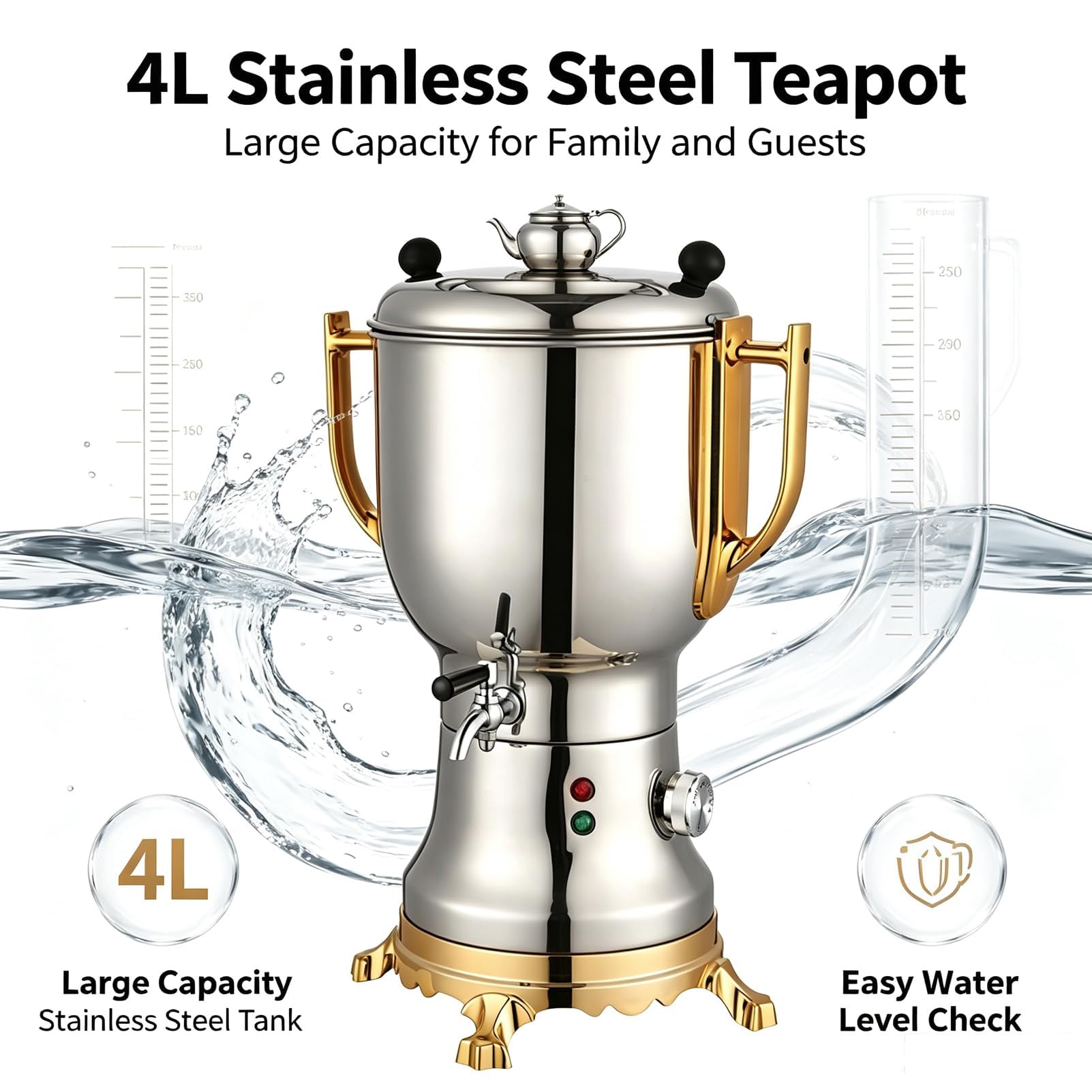 Samovar Turco Elettrico 1800W con Teiera in Acciaio Inox da 4+1L | Macchina per Tè Turco Elettrica con Design a Doppio Strato & Isolamento Termico Intelligente, Teiera per Caffè