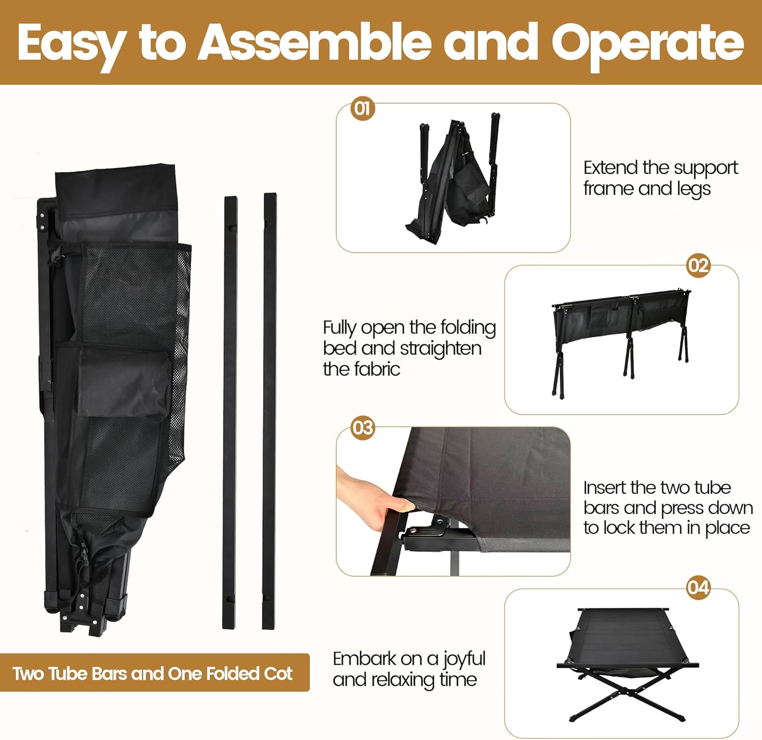 Portable Camping Cot for Adults, 300lbs Heavy Duty Folding Bed with 60s Quick Setup, Compact & Lightweight for Outdoor, Guest, Office Nap, Hospital Stay(Black)