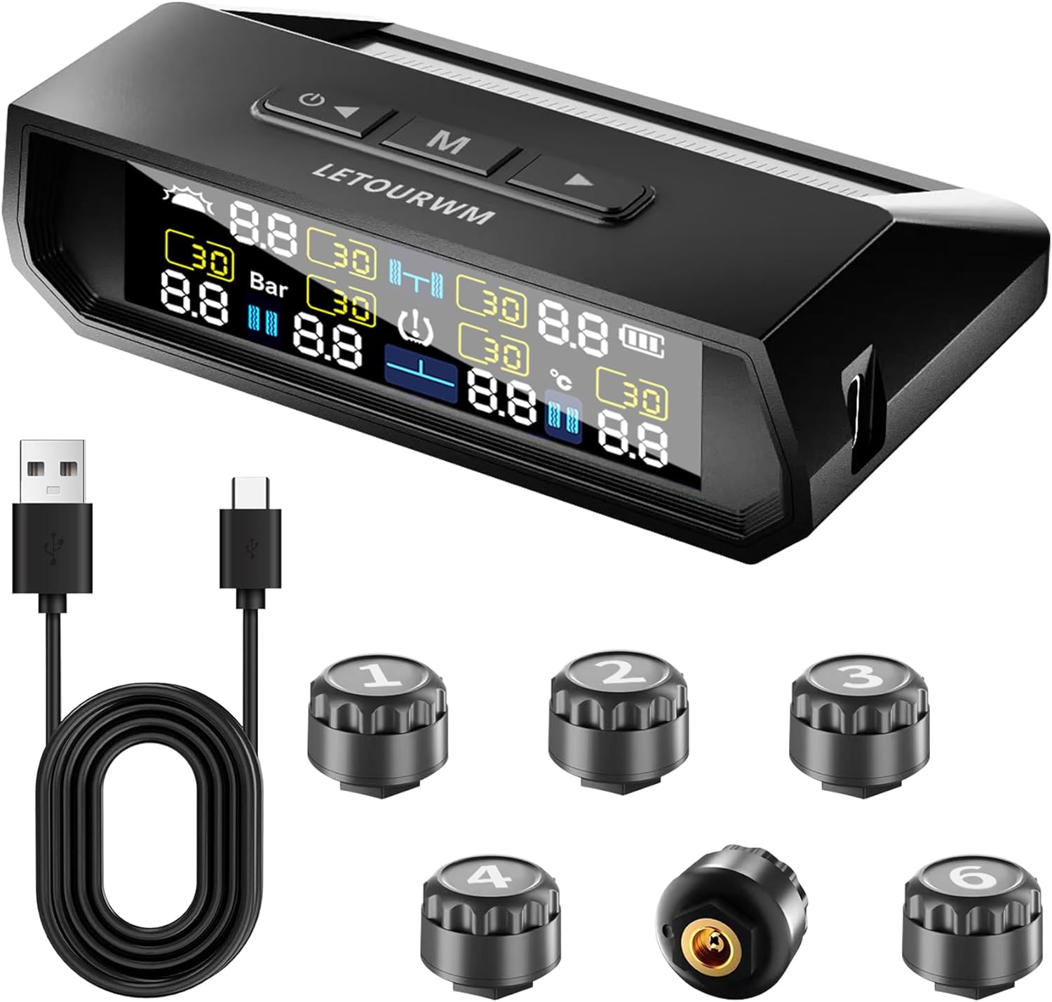 RV Tire Pressure Monitoring System -TPMS 2025 Upgrade Tire Pressure Monitor with 6 Sensors,Solar Charge & USB Type-C Color LCD Display, 0-9.9BAR/144PSI Range, 6 Alarm Modes for RV/Trailer/Truck IP68