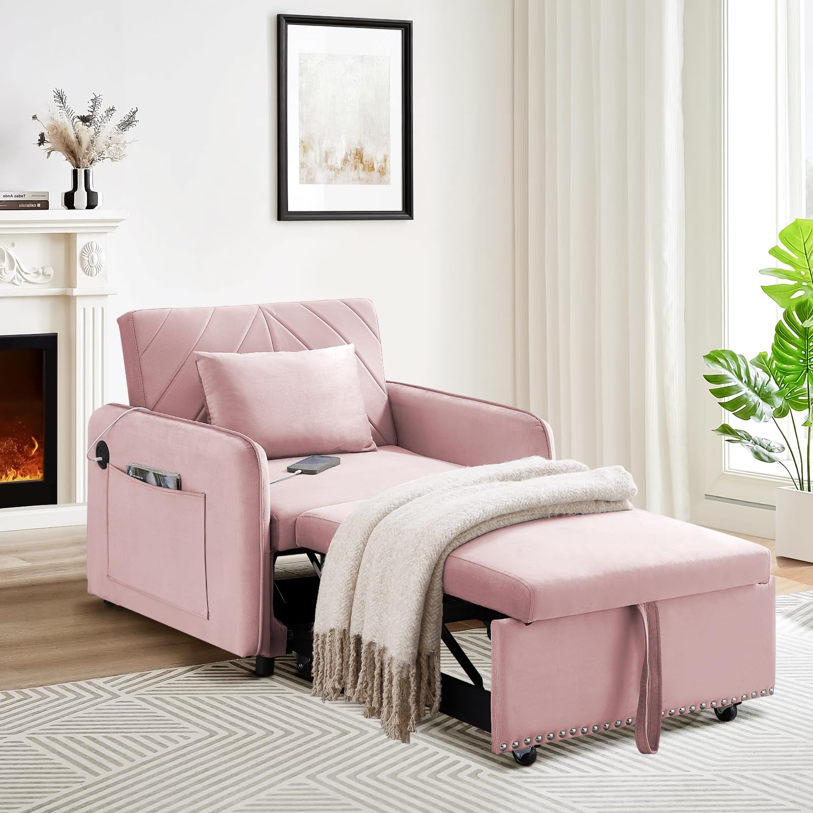 Convertible Sleeper Chair Bed,3 in 1 Velvet Tufted Upholstered Single Sleeper Sofa with Adjustable Backrest&USB Port,Pull Out Recliner Lounger Bed for