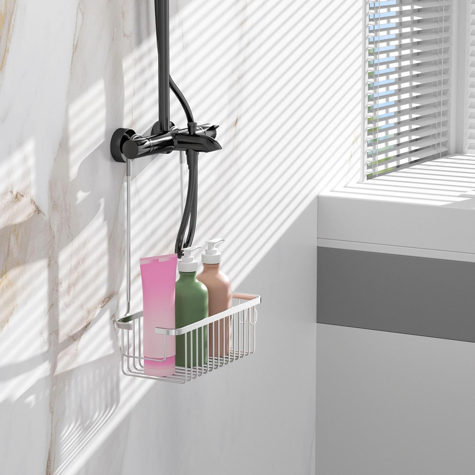 Chiluxendo Estanteria Baño Ducha, Estante Ducha Sin Taladro, Organizador, Cesta Colgante Sin Taladro, Colgador, Soporte, Repisa Baño, Balda, Repisa (Plata) - 4