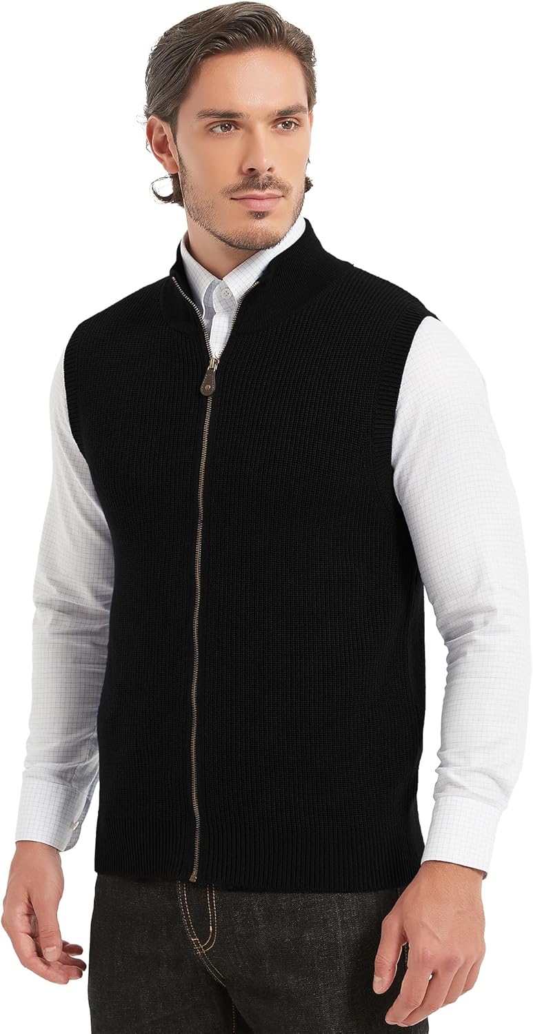 Kallspin Men's Wool Blend Sweater Cardigan Sleeveless Full Zip Cardigan Knit Classic Warm Wool Vest Sweater - Image 6