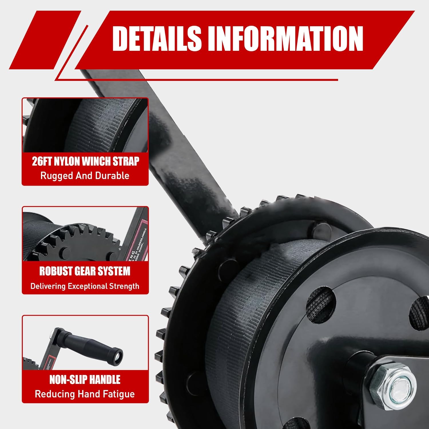 TYT 1200LB Boat Trailer Strap Winch with 8M Black Rope, Standard Mounting Hole Crank Hand Winch with Hook, Two Way Ratchet Manual Gear Winch for Towing Pulling Boat Trailer Truck RV ATV Jet Ski Winch