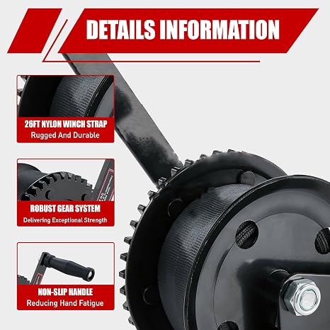 TYT 1200LB Boat Trailer Strap Winch with 8M Black Rope, Standard Mounting Hole Crank Hand Winch with Hook, Two Way Ratchet Manual Gear Winch for Towing Pulling Boat Trailer Truck RV ATV Jet Ski Winch