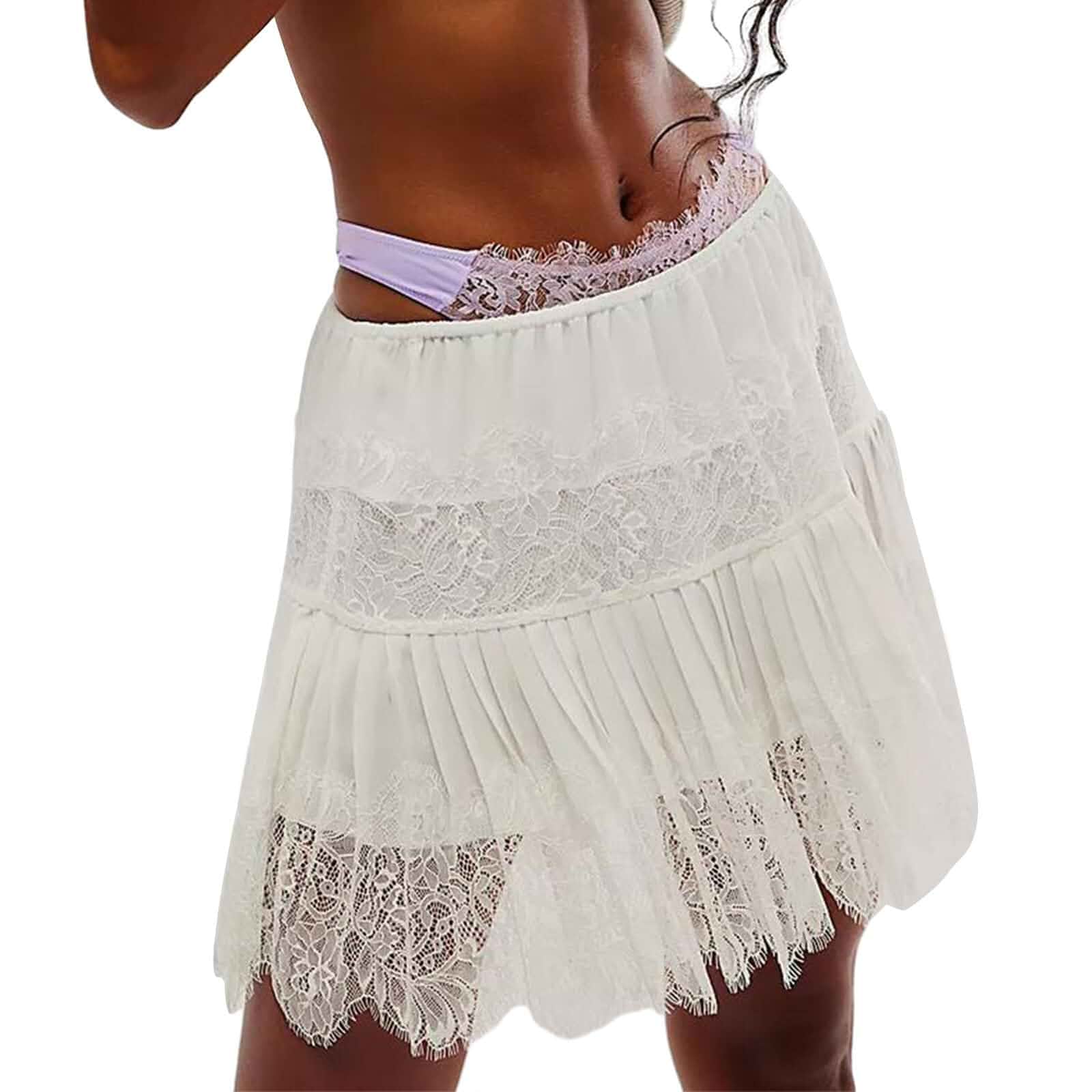 Passec Women Y2K Black White Lace Mini Skirt Low Rise Half Slip Underskirt Ruffle Pleated Layered Flowy Short Skirts