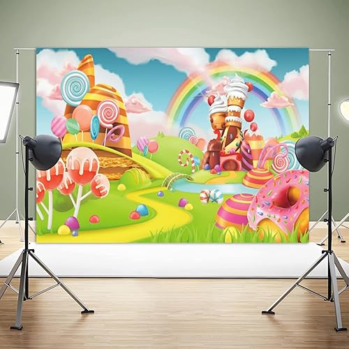 Miniatura 3 de telón de fondo de piruleta de 7 x 5 pies fondo de cabina de fotos Candyland fondo de fotografía temática de caramelo arcoíris para fiesta de primer