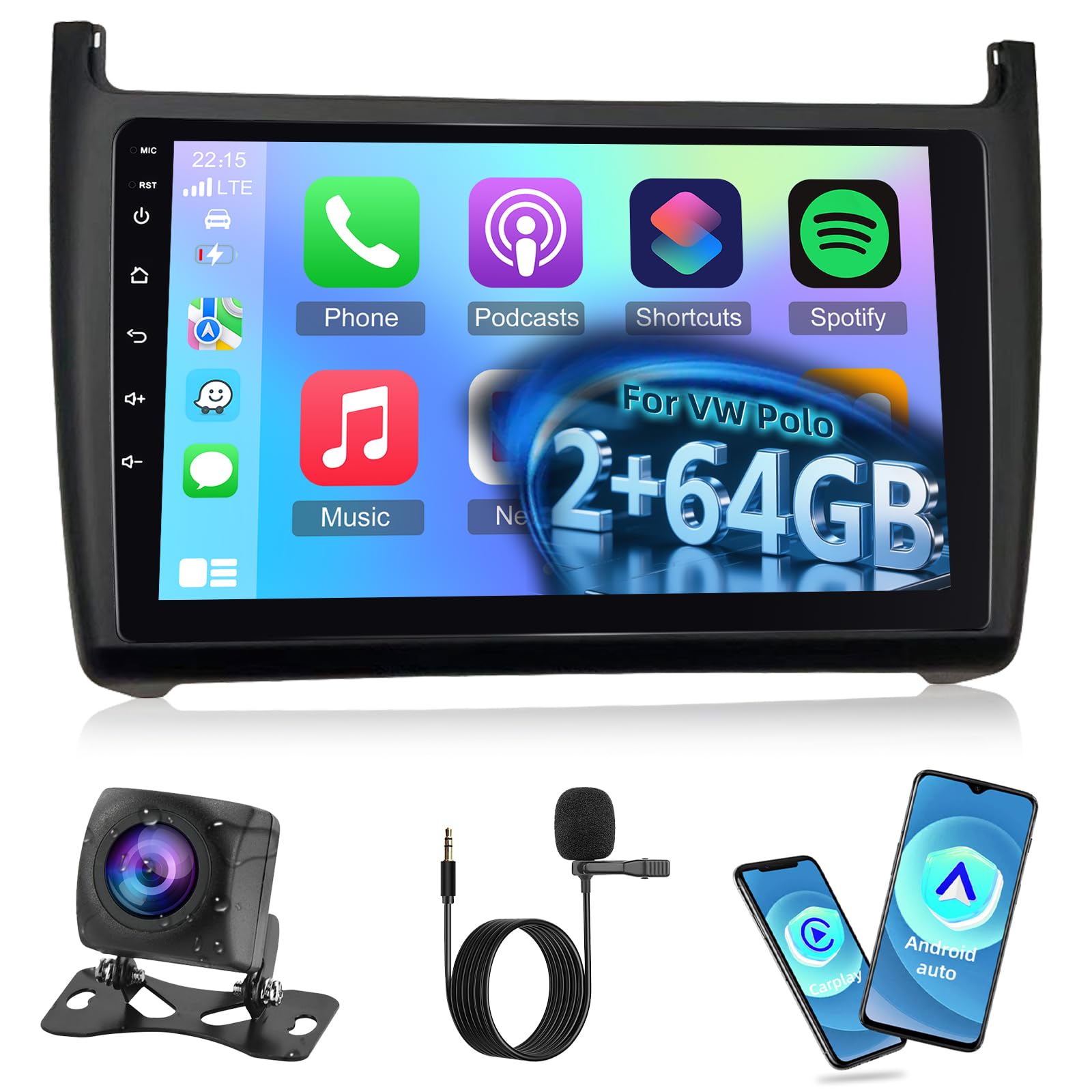 NHOPEEW 2G+64G Android Autoradio per VW Polo 6R 2009-2017 - Senza fili Carplay e Android Auto - 9 pollici Android Stereo con WiFi EQ GPS Mirror Link FM RDS + AHD Telecamera posteriore&Mic