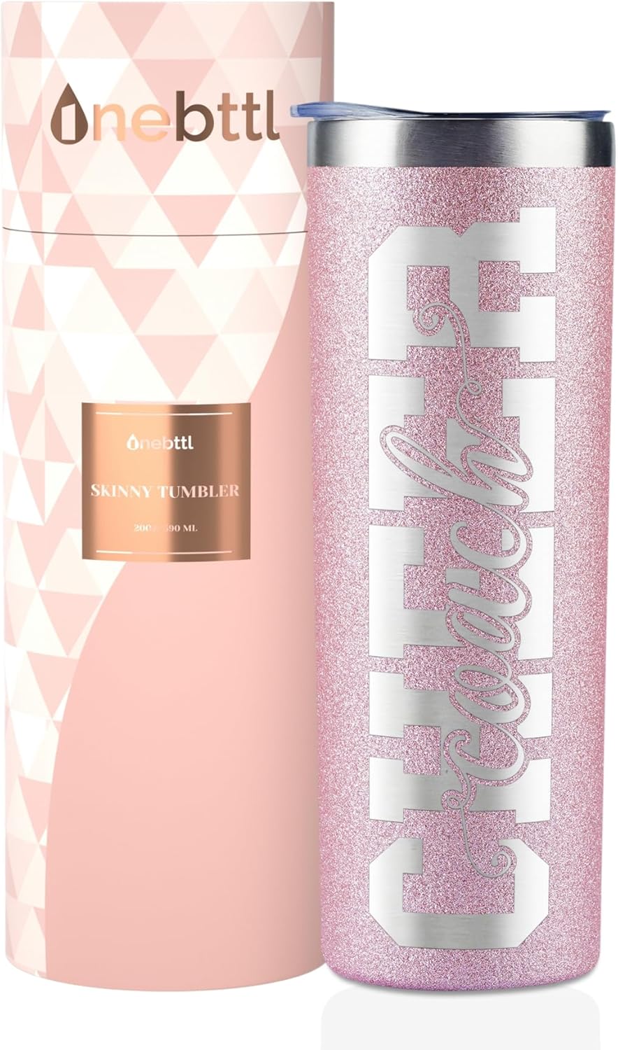 Onebttl Cheer Coach Gifts For Women, Her, Female - Cheer Coach - 20oz/590ml Stainless Steel Skinny Insulated Tumbler with Straw, Lid - Gift for Cheerleading or Cheerleader Coachs - Glitter Pink
