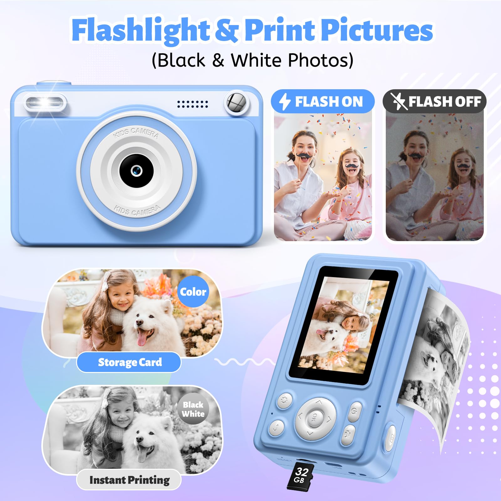 GREENKINDER Camara Fotos Infantil Instantanea,HD/1080P Cámara Instantánea para Niños con Tarjeta de 32GB y 5 Rollos de Papel Térmico,Camara Fotos Infantil Regalos de Juguete para Niños de 3 a 12
