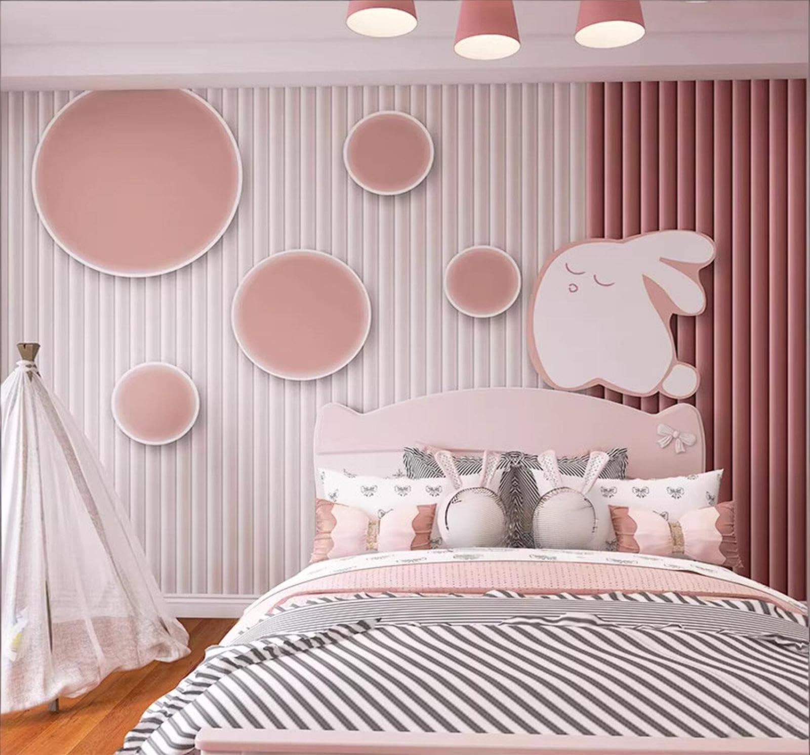 Creative Cartoon Pink Circular Stripes 3D Wallpaper Easy Install Feature Office Living Room Sofa Bedroom TV Background Wall Decoration-300cm×210cm