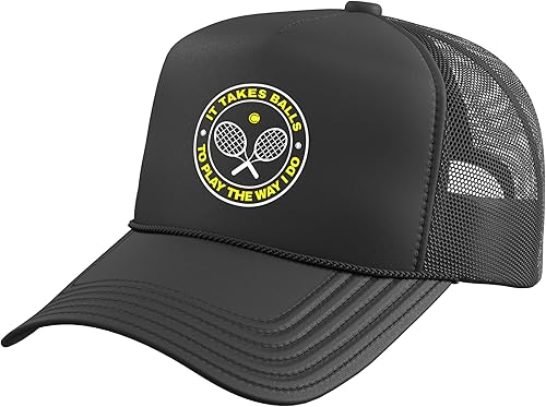 Tennis - It Takes Balls to Play The Way I Do Trucker Hat with Adjustable Mesh Back Black,Black/White,Camo Green,Kelly Green/White,Khaki,Light